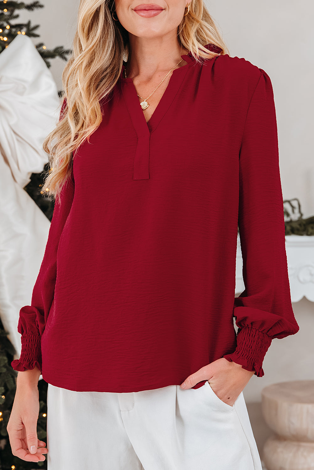Burgundy Notched Neck Shirred Cuff Long Sleeve Blouse-Tops/Blouses & Shirts-[Adult]-[Female]-2022 Online Blue Zone Planet