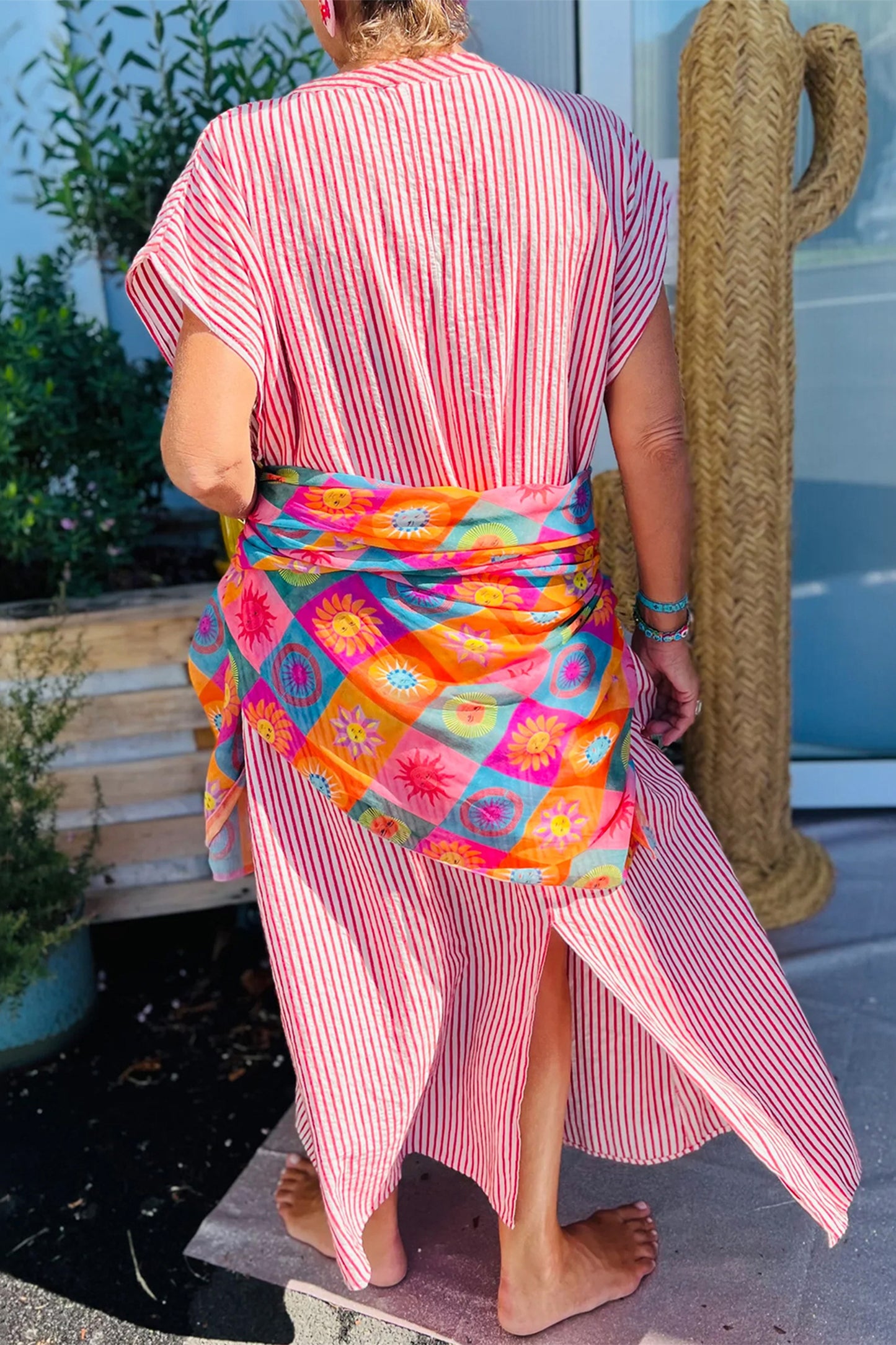 Red Stripe Frilled Detail Half Buttons Short Sleeve Long Dress-Dresses/Maxi Dresses-[Adult]-[Female]-2022 Online Blue Zone Planet