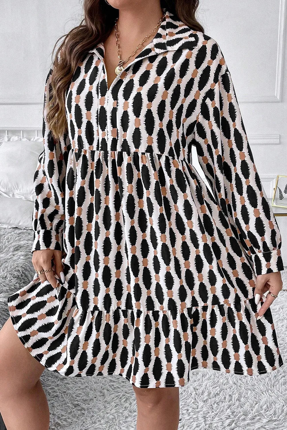 Plus Size Printed Johnny Collar Long Sleeve Dress-TOPS / DRESSES-[Adult]-[Female]-2022 Online Blue Zone Planet