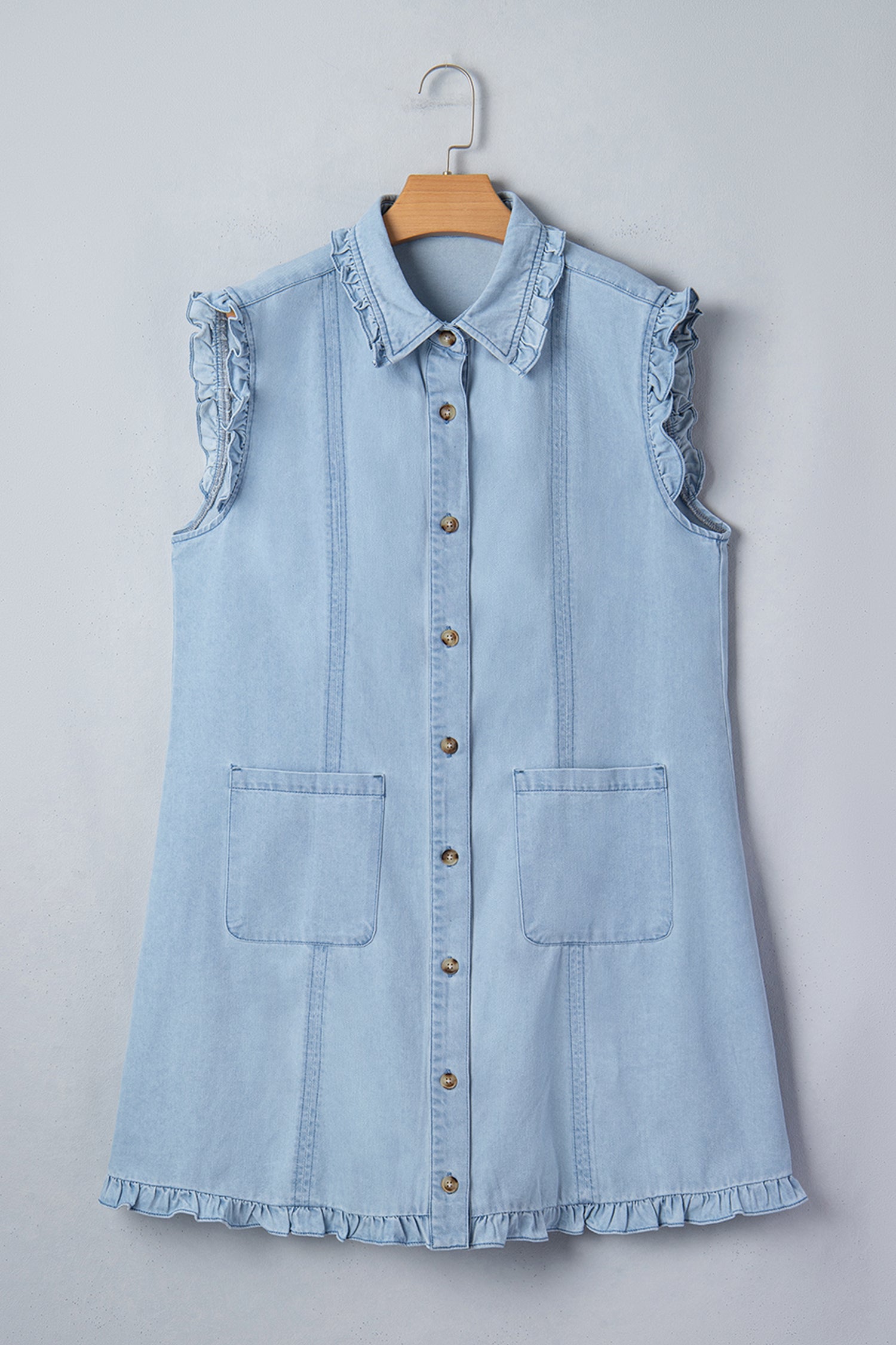 Beau Blue Ruffled Edge Collared Shift Denim Dress with Pockets-TOPS / DRESSES-[Adult]-[Female]-2022 Online Blue Zone Planet