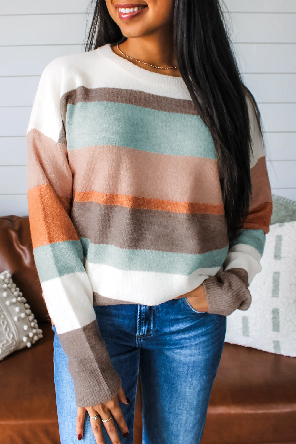 White Striped Color Block Knit Drop Shoulder Sweater-Sweaters & Cardigans/Sweaters-[Adult]-[Female]-White-S-2022 Online Blue Zone Planet