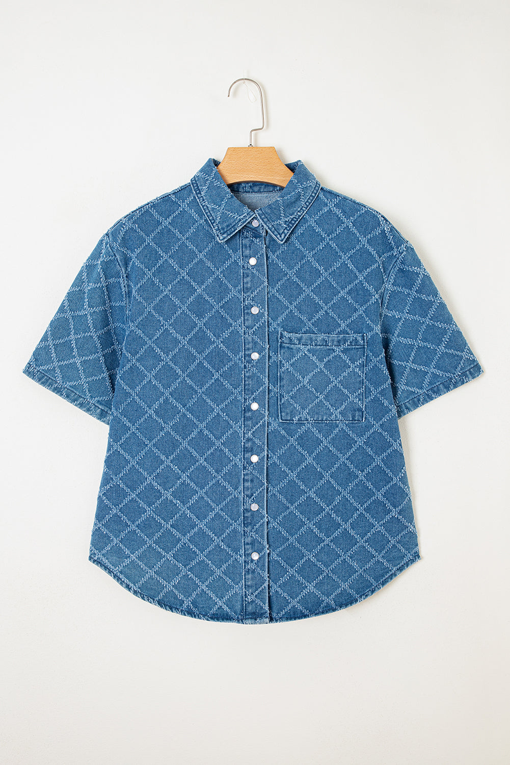 Dusk Blue Checkered Textured Short Sleeve Patched Pocket Denim Shirt-Tops/Blouses & Shirts-[Adult]-[Female]-2022 Online Blue Zone Planet