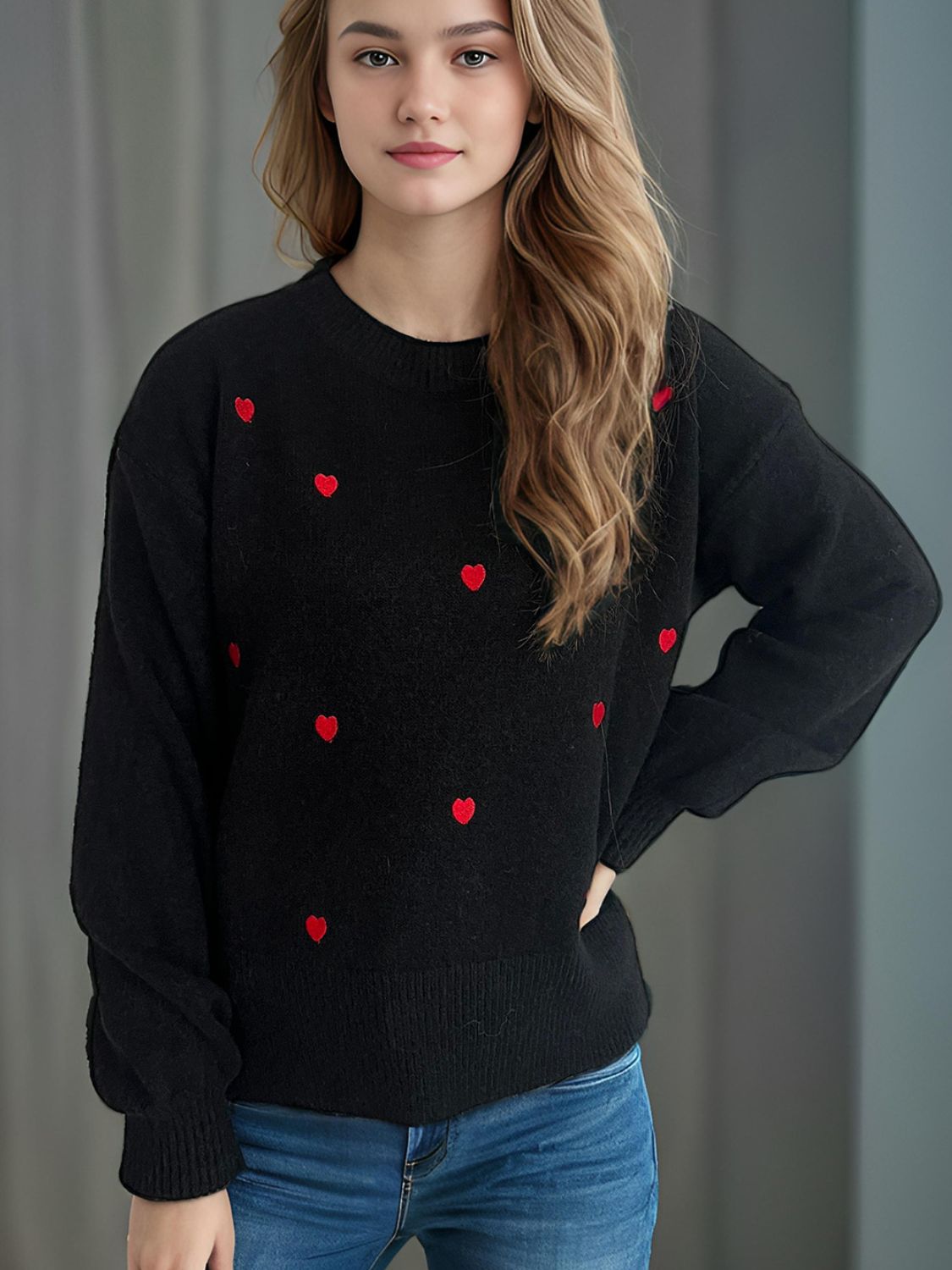 Heart Round Neck Long Sleeve Sweater-TOPS / DRESSES-[Adult]-[Female]-Black-One Size-2022 Online Blue Zone Planet