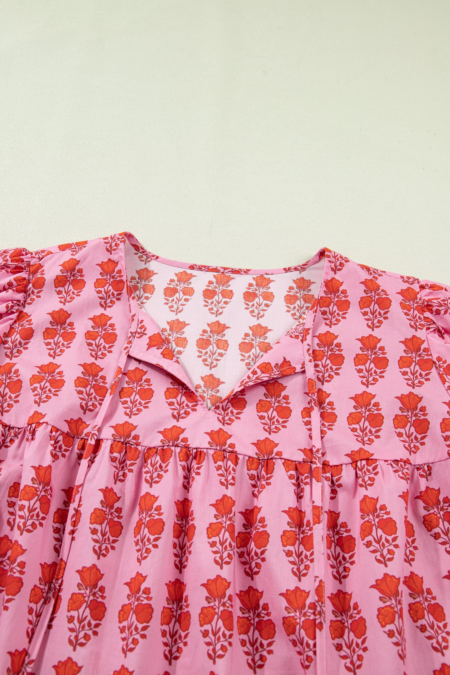 Pink Plus Size Floral Print Tassel Tie Puff Sleeve Cotton Blouse-Plus Size/Plus Size Tops/Plus Size Blouses & Shirts-[Adult]-[Female]-2022 Online Blue Zone Planet