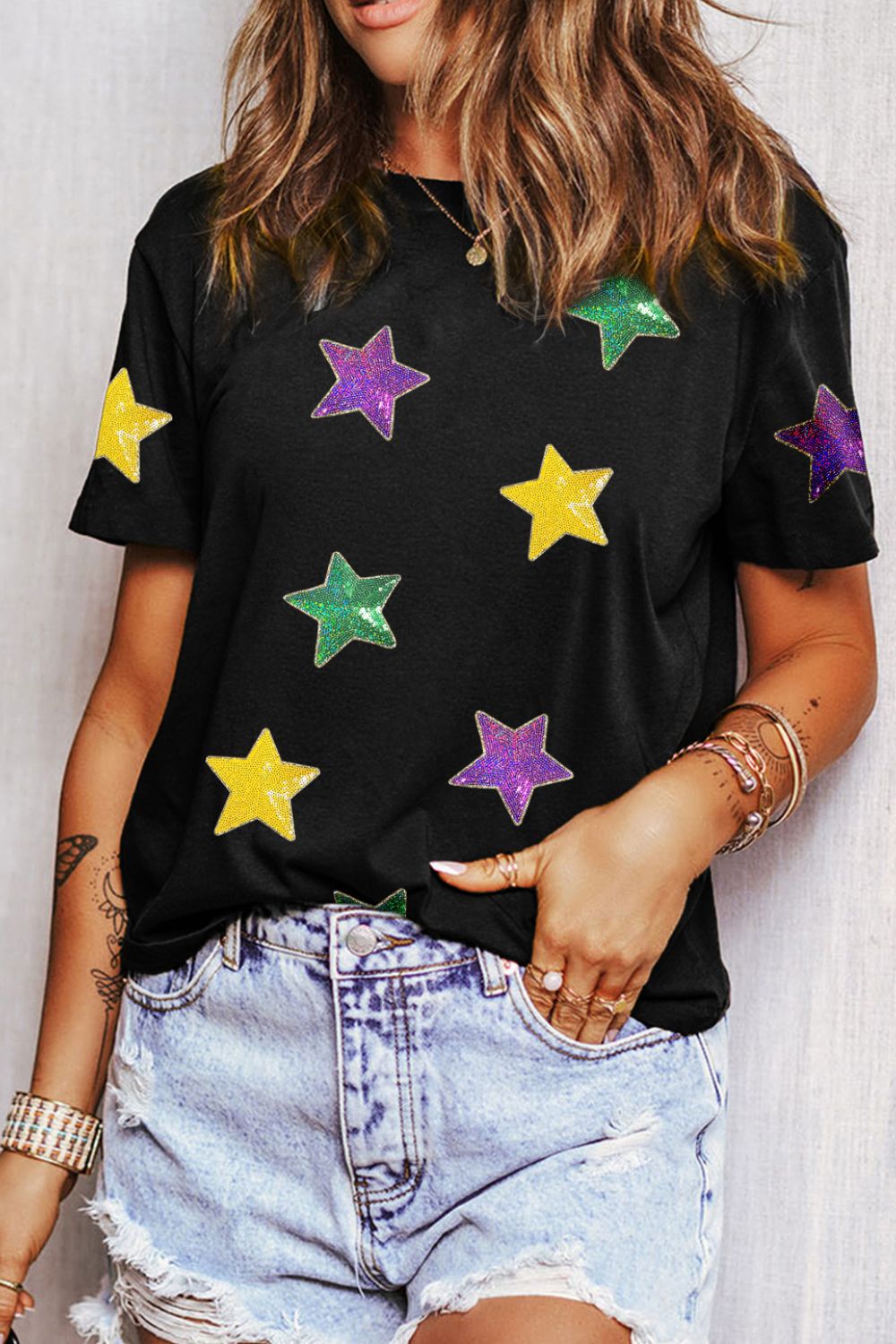 Sequin Stars Patched Round Neck T-Shirt-TOPS / DRESSES-[Adult]-[Female]-2022 Online Blue Zone Planet