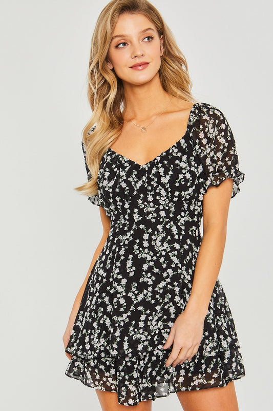 Love Tree Ditsy Floral Short Sleeve Romper-TOPS / DRESSES-[Adult]-[Female]-Black-S-2022 Online Blue Zone Planet