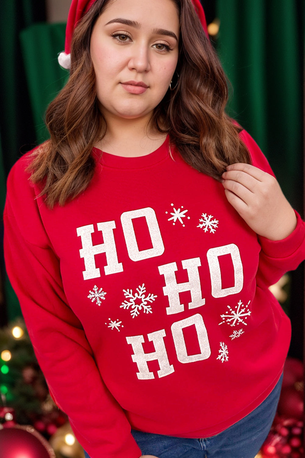 Blue Zone Planet | Fiery Red Christmas Ho Ho Ho Graphic Plus Size Sweatshirt-Plus Size/Plus Size Sweatshirts & Hoodies-[Adult]-[Female]-2022 Online Blue Zone Planet