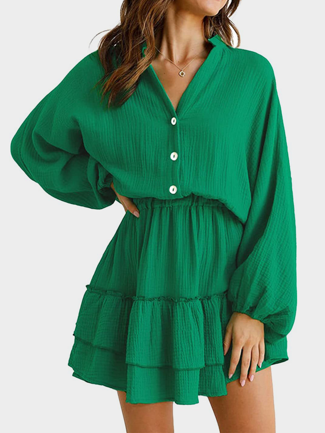 Ruffled Notched Balloon Sleeve Mini Dress-TOPS / DRESSES-[Adult]-[Female]-Dark Green-S-2022 Online Blue Zone Planet