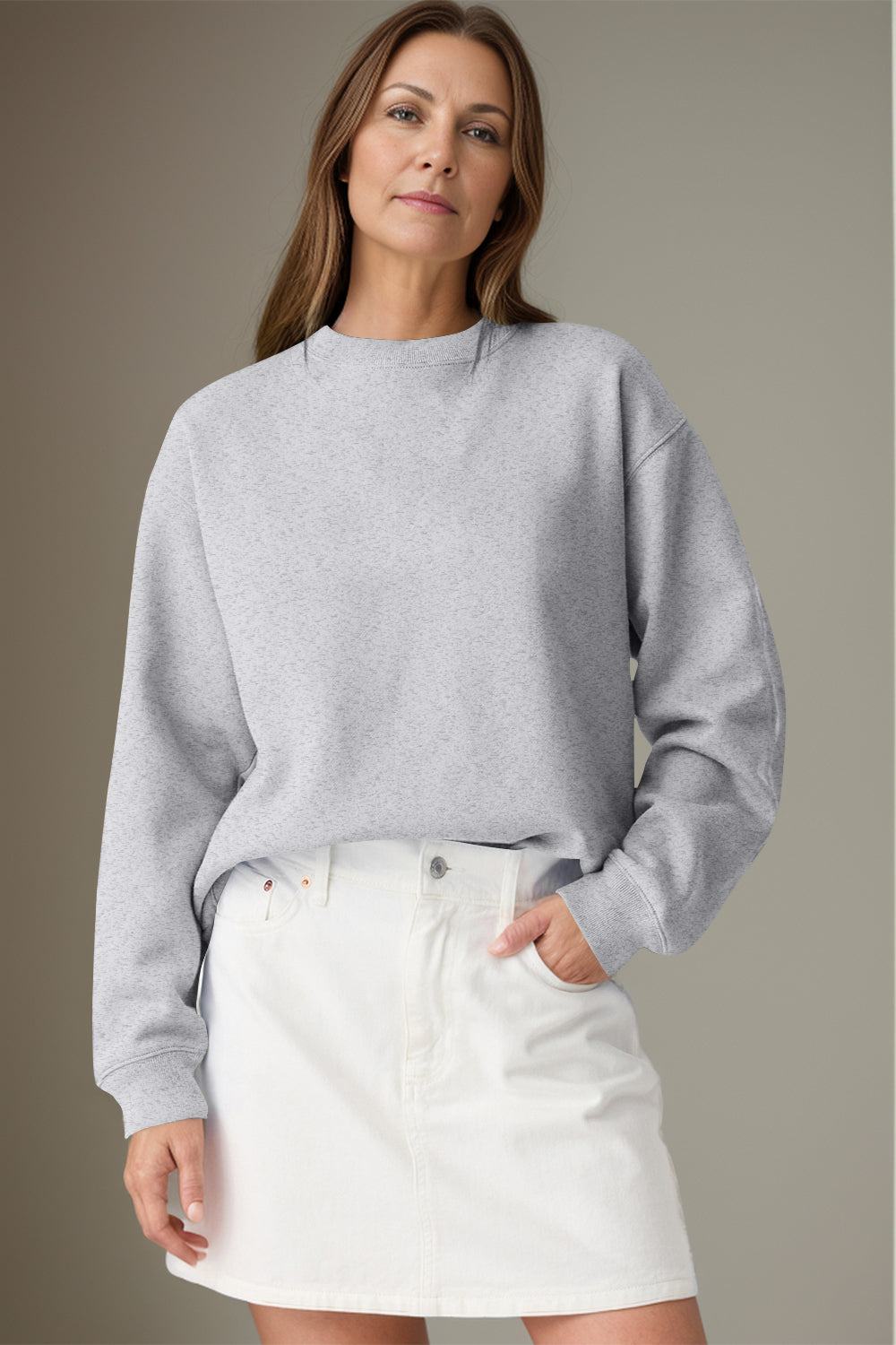 Blue Zone Planet | Round Neck Long Sleeve Sweatshirt-TOPS / DRESSES-[Adult]-[Female]-Light Gray-S-2022 Online Blue Zone Planet