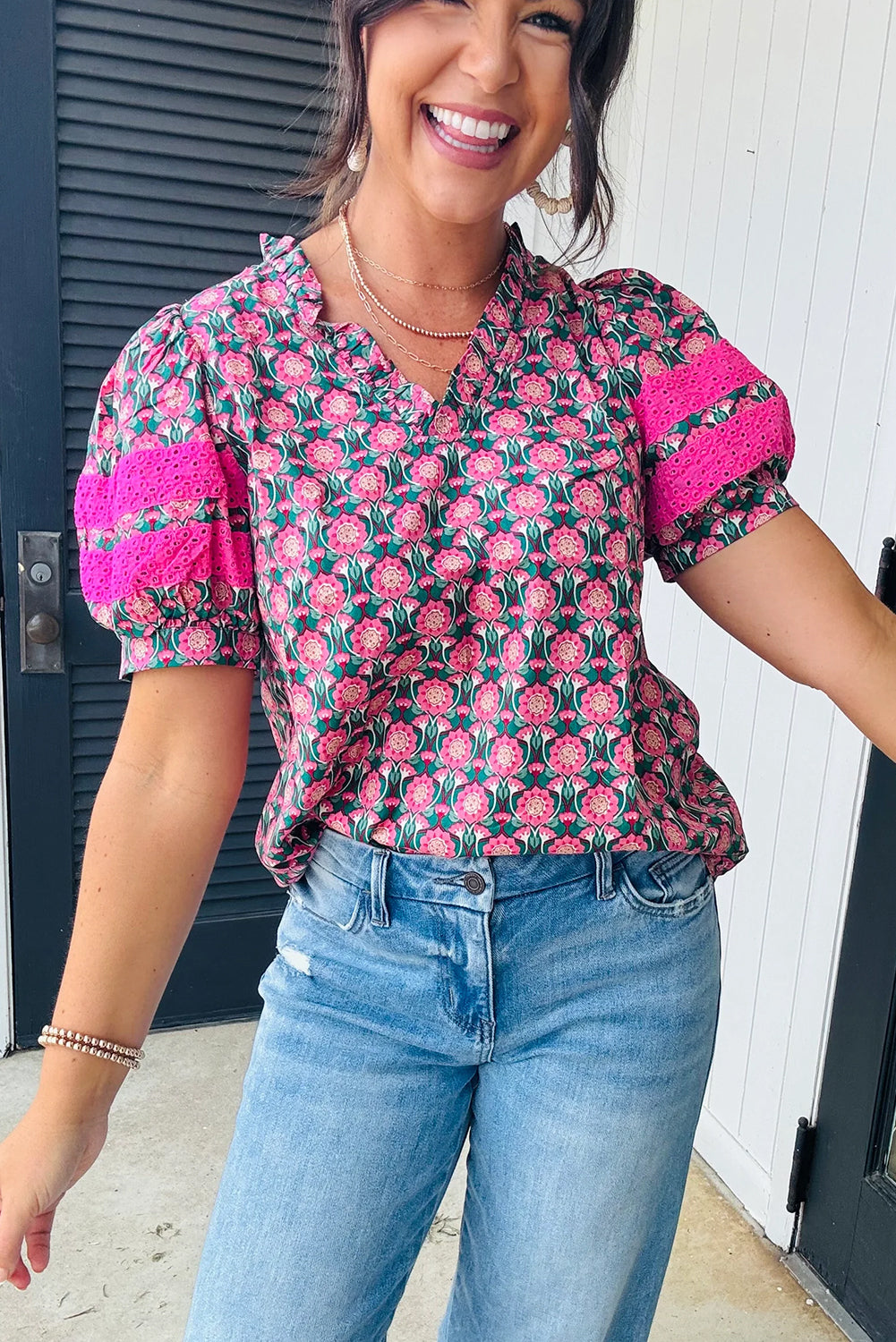 Sachet Pink V-Neck Ruffle Abstract Floral Print Puff Sleeve Top-Tops/Blouses & Shirts-[Adult]-[Female]-2022 Online Blue Zone Planet