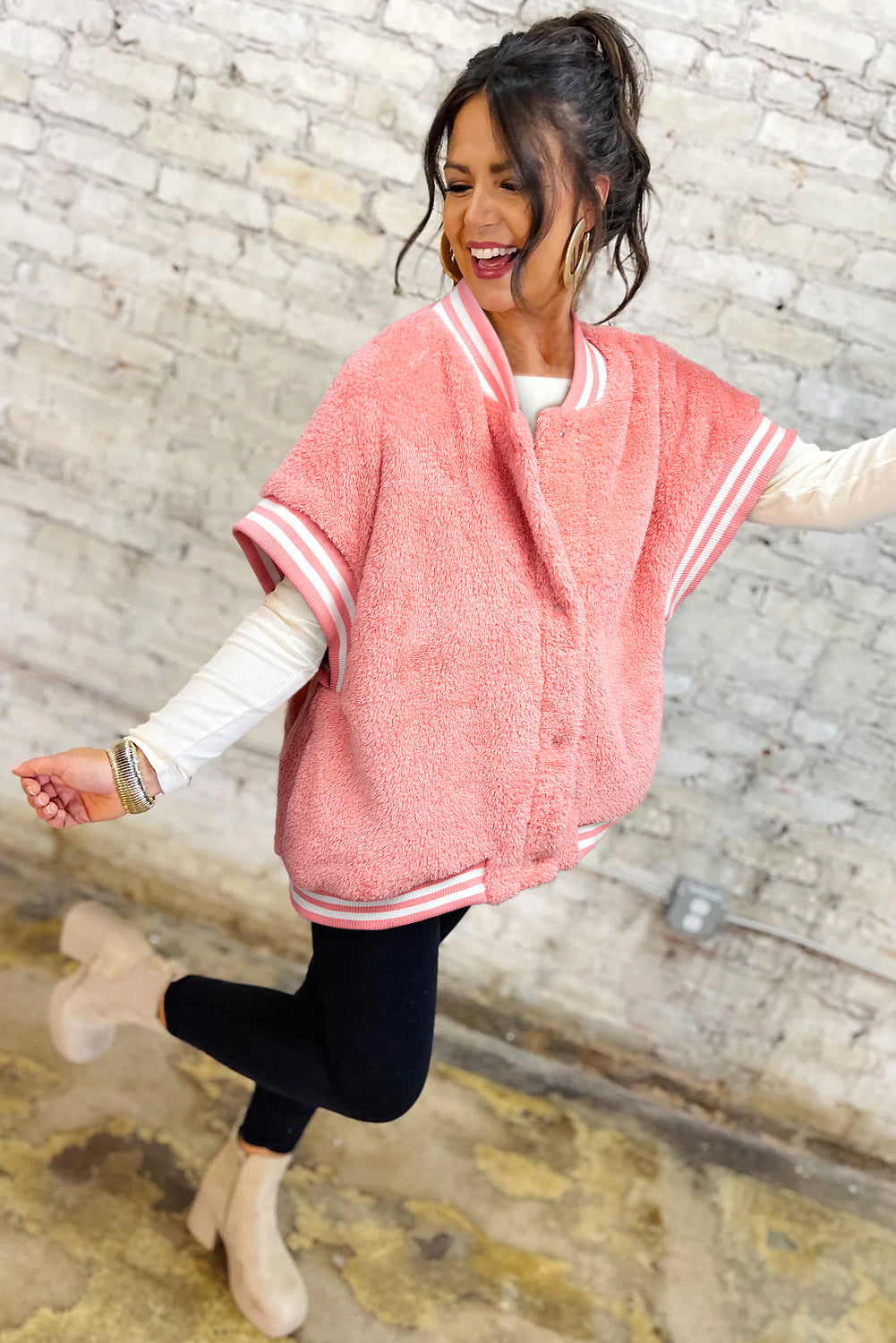 Gossamer Pink Varsity Striped Banding Patchwork Winter Plush Vest-TOPS / DRESSES-[Adult]-[Female]-2022 Online Blue Zone Planet