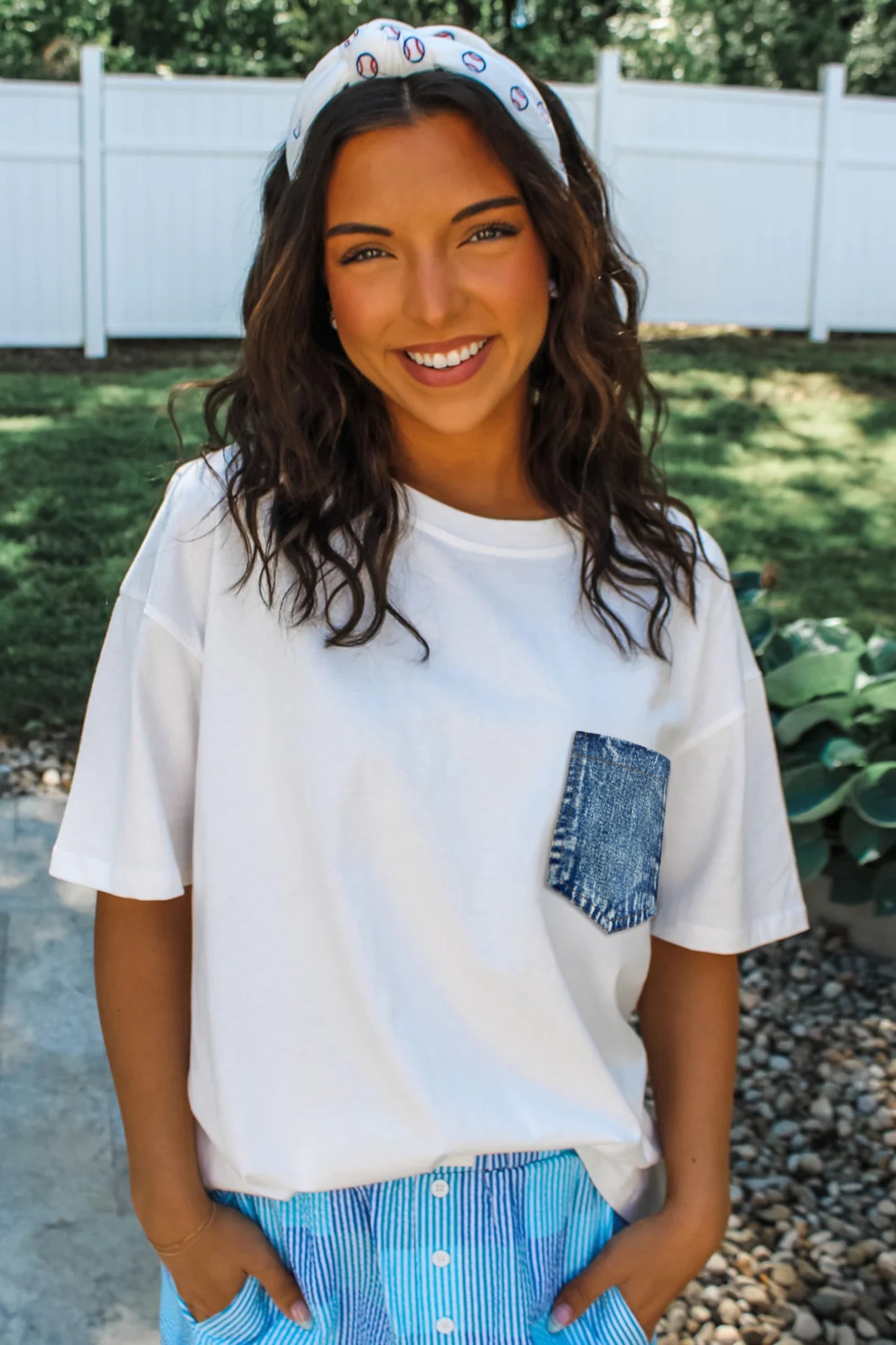 Sail Blue Color Block Chest Pocket Patched Casual Short Sleeve Top-Tops/Tops & Tees-[Adult]-[Female]-2022 Online Blue Zone Planet