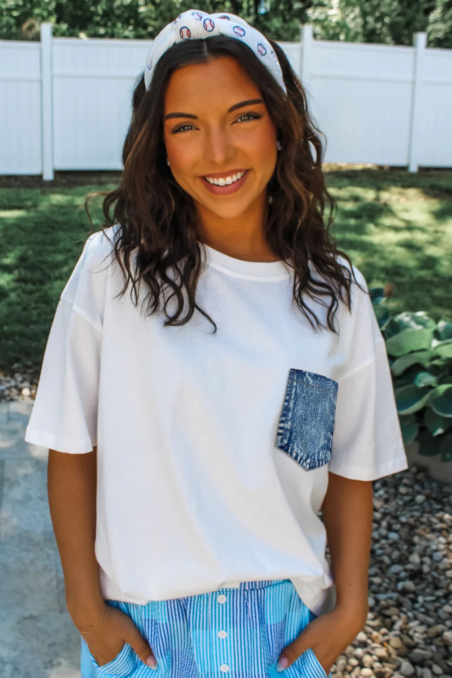 Sail Blue Color Block Chest Pocket Patched Casual Short Sleeve Top-Tops/Tops & Tees-[Adult]-[Female]-2022 Online Blue Zone Planet