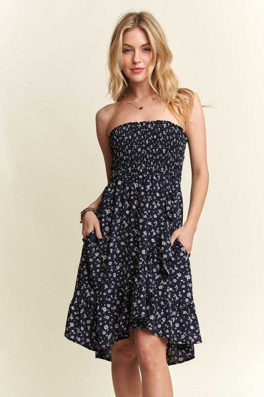 ADORA Smocked Floral Tube Dress with Pockets-TOPS / DRESSES-[Adult]-[Female]-Navy-S-2022 Online Blue Zone Planet