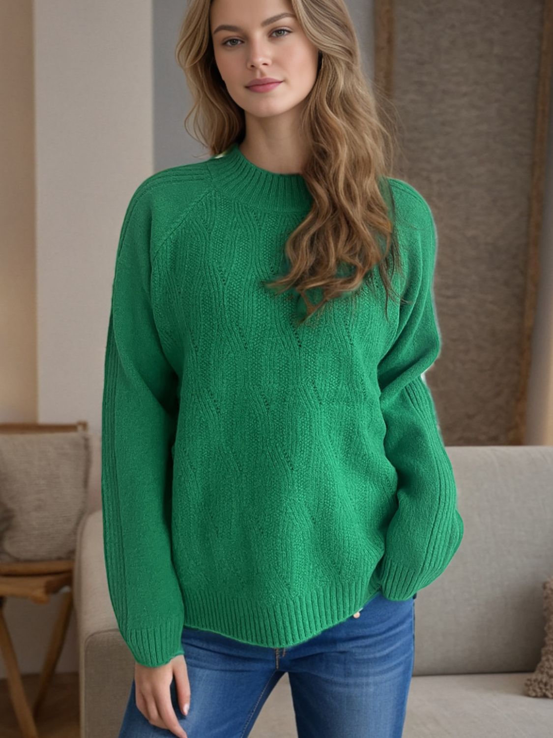 Blue Zone Planet | Mock Neck Long Sleeve Sweater-TOPS / DRESSES-[Adult]-[Female]-Dark Green-One Size-2022 Online Blue Zone Planet