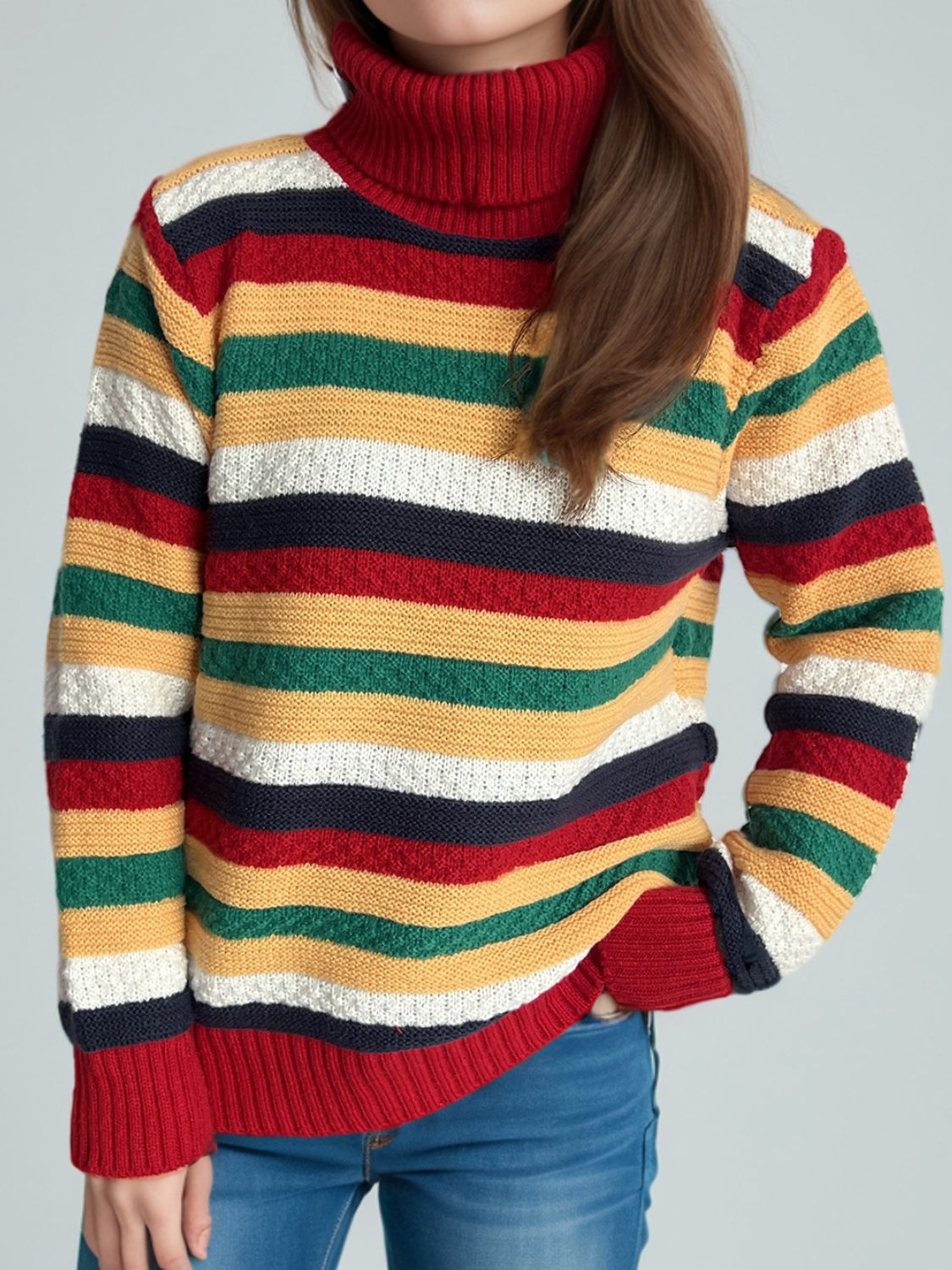 Blue Zone Planet | Contrast Stripes Turtleneck Long Sleeve Sweater-TOPS / DRESSES-[Adult]-[Female]-Scarlet-One Size-2022 Online Blue Zone Planet