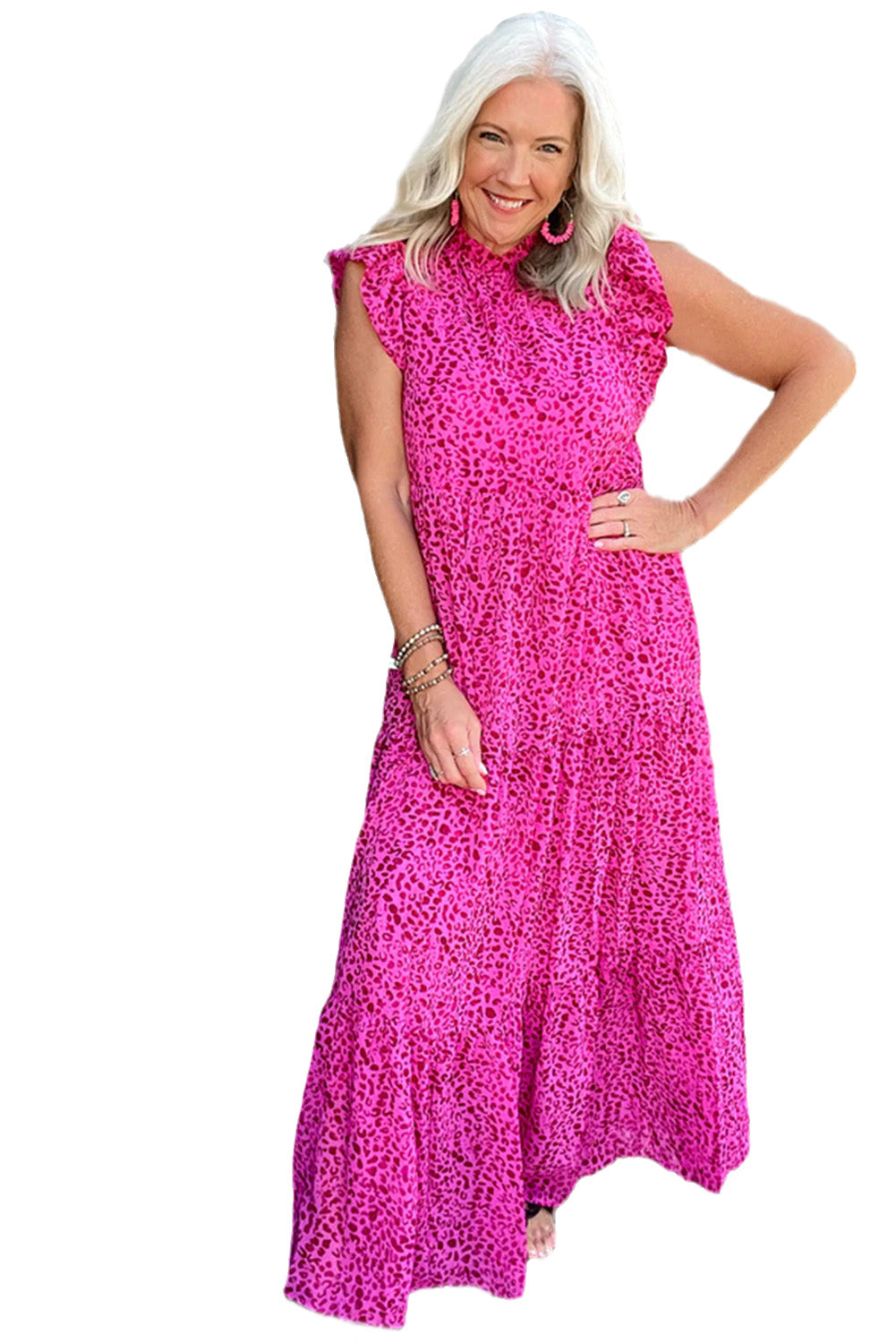 Blue Zone Planet |  Rose Red Leopard Print Ruffled Trim Tiered Maxi Dress Blue Zone Planet