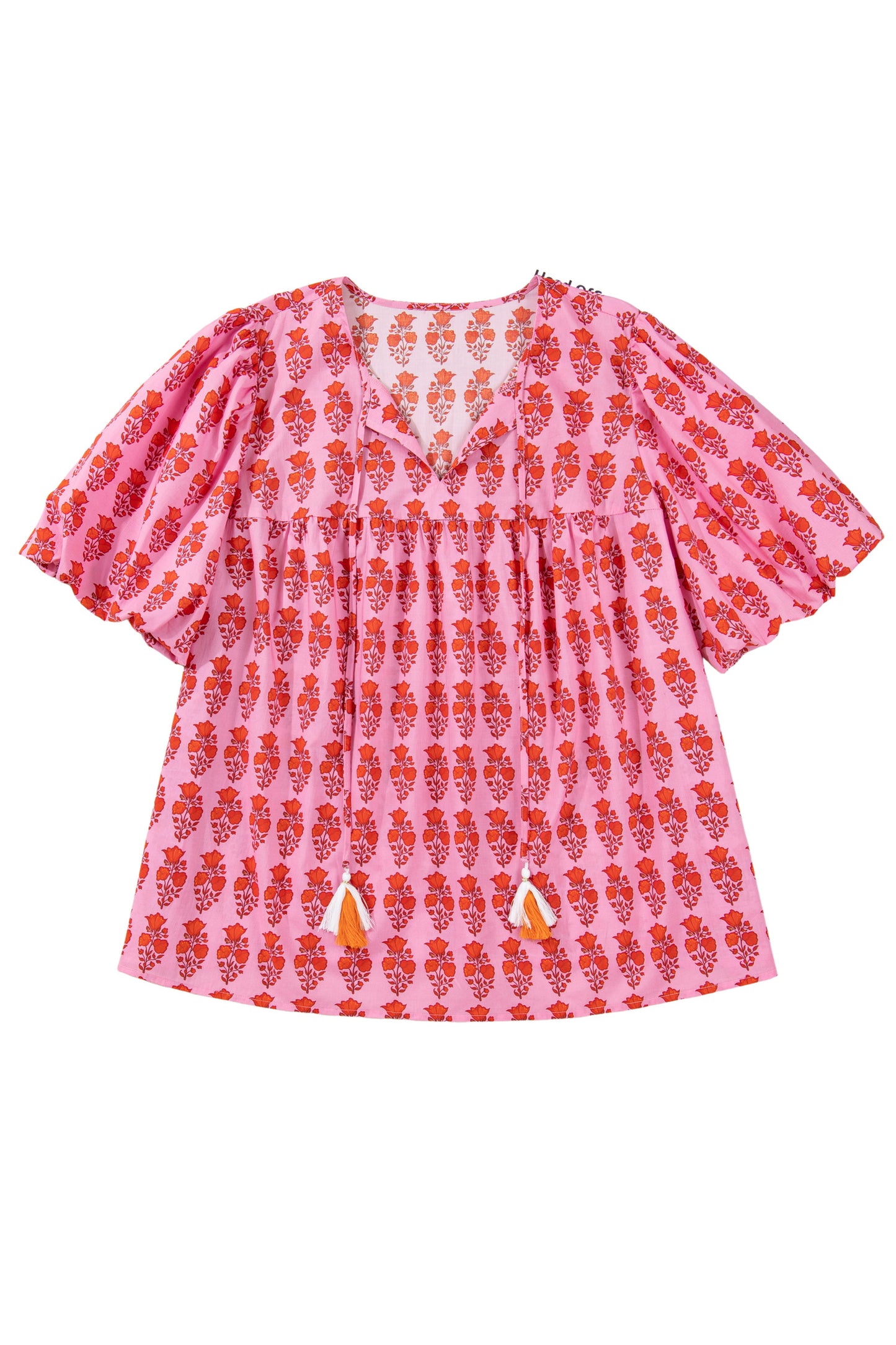 Pink Plus Size Floral Print Tassel Tie Puff Sleeve Cotton Blouse-Plus Size/Plus Size Tops/Plus Size Blouses & Shirts-[Adult]-[Female]-2022 Online Blue Zone Planet