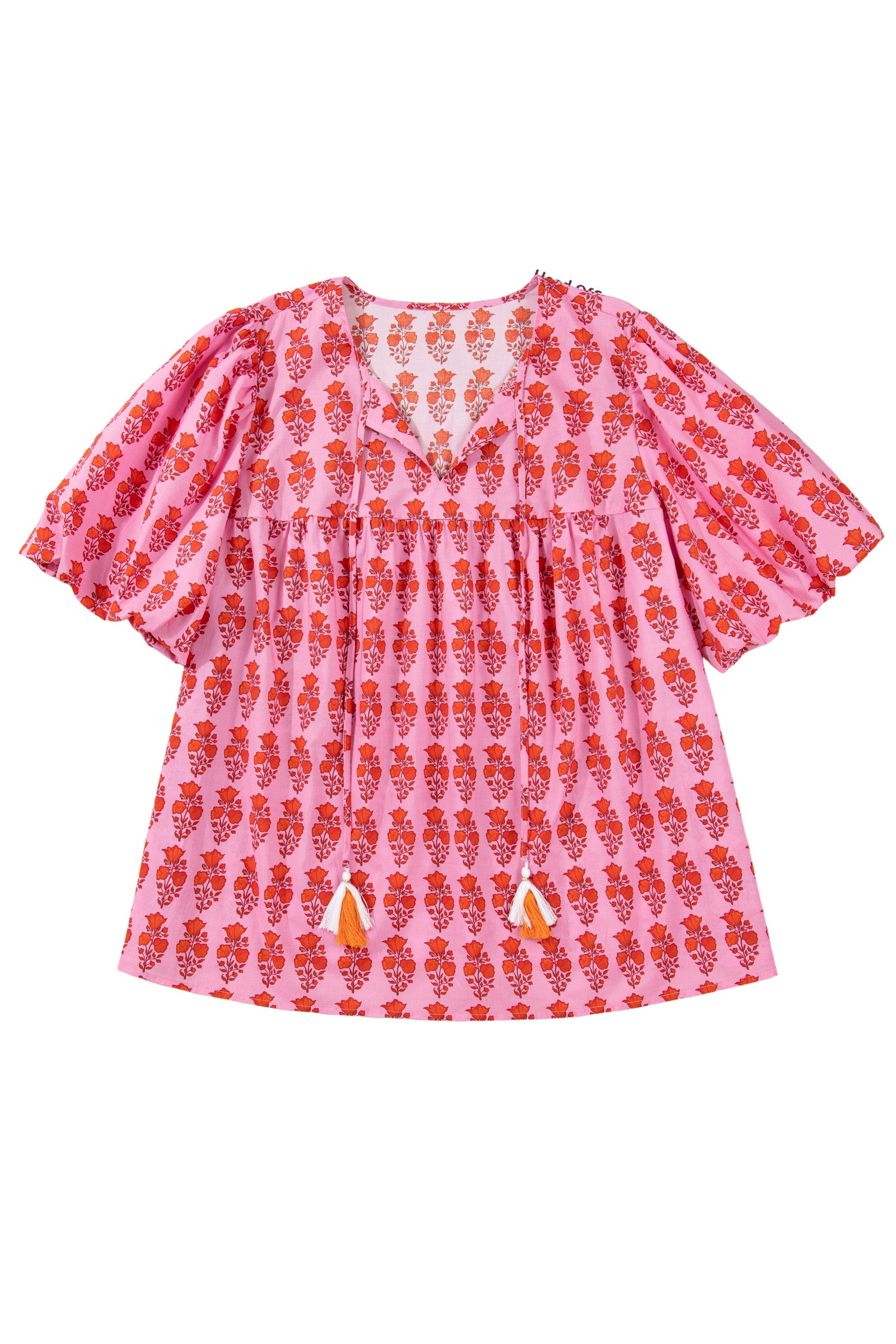 Pink Plus Size Floral Print Tassel Tie Puff Sleeve Cotton Blouse-Plus Size/Plus Size Tops/Plus Size Blouses & Shirts-[Adult]-[Female]-2022 Online Blue Zone Planet