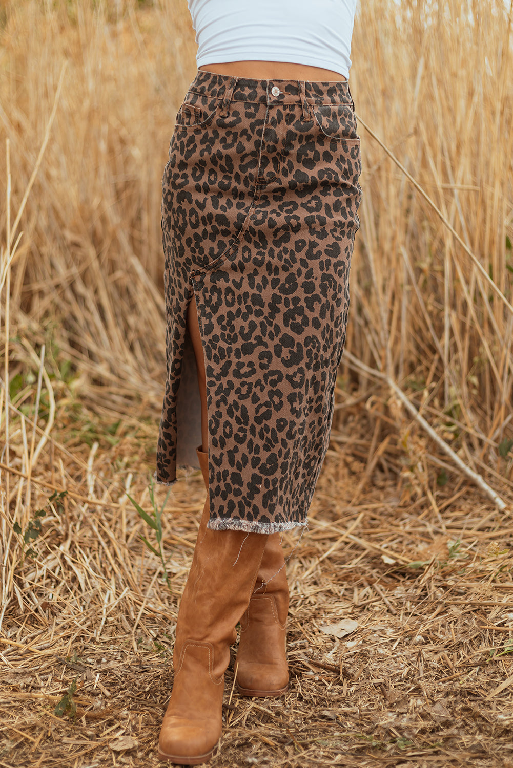 Brown Leopard Denim Frayed Split Denim Midi Skirt-Bottoms/Skirts & Petticoat-[Adult]-[Female]-2022 Online Blue Zone Planet