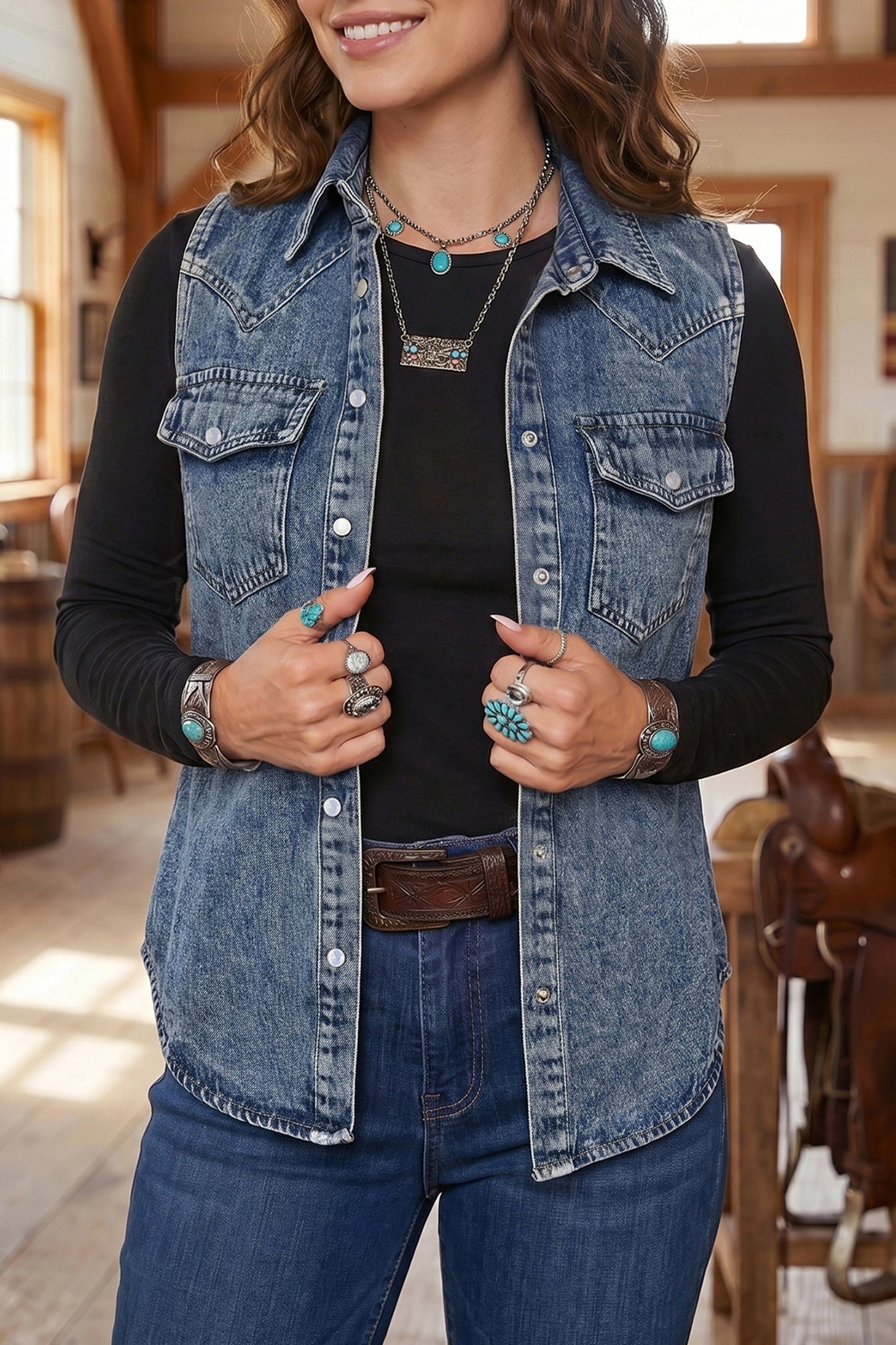 Ashleigh Blue Solid Denim Button Front Pocket Sleeveless Cowboy Vest-Outerwear/Vests-[Adult]-[Female]-2022 Online Blue Zone Planet