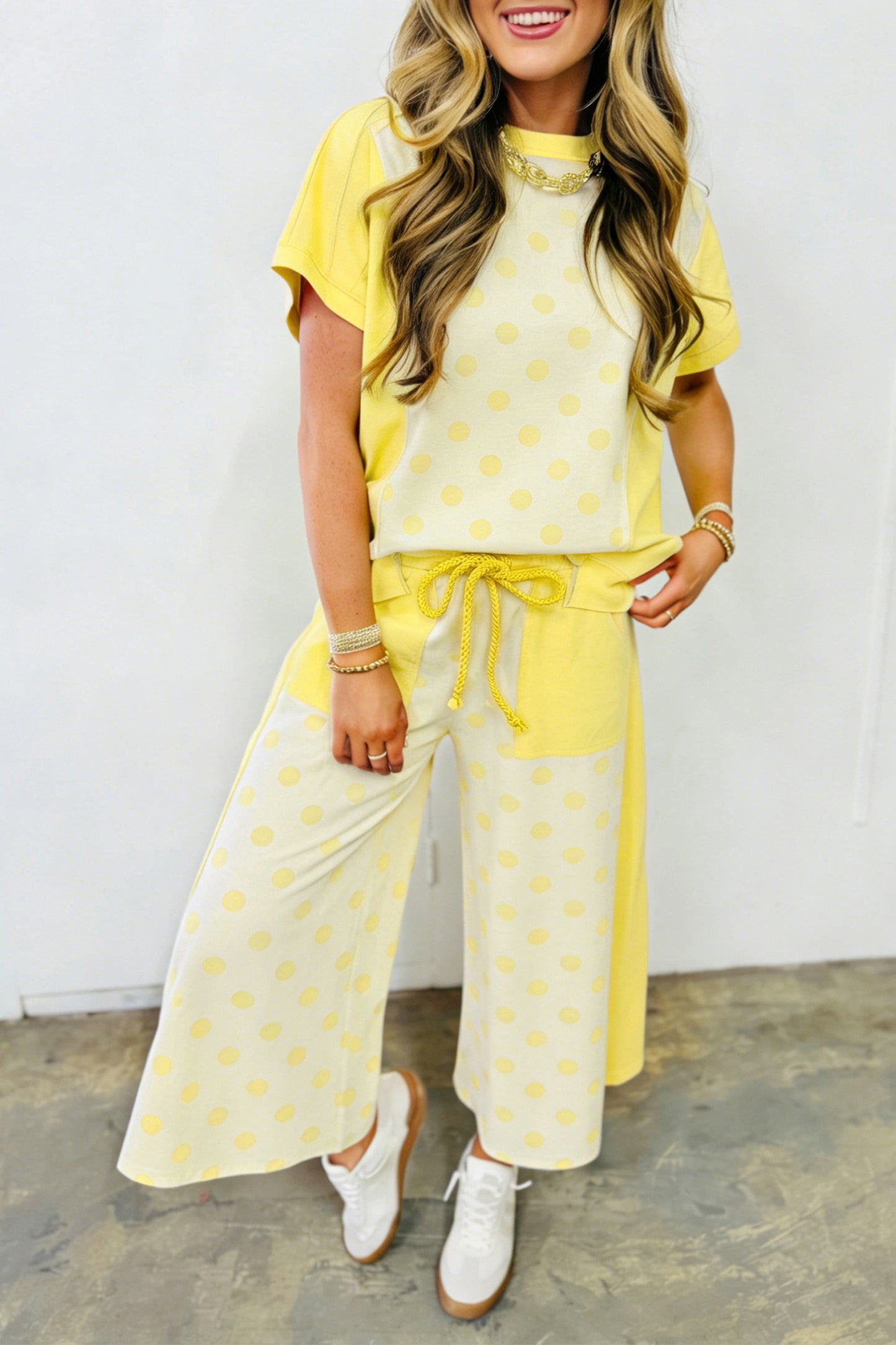 Yellow Color Block Patchwork Polka Dot Wide Leg Pant Set-Two Piece Sets/Pant Sets-[Adult]-[Female]-Yellow-S-2022 Online Blue Zone Planet