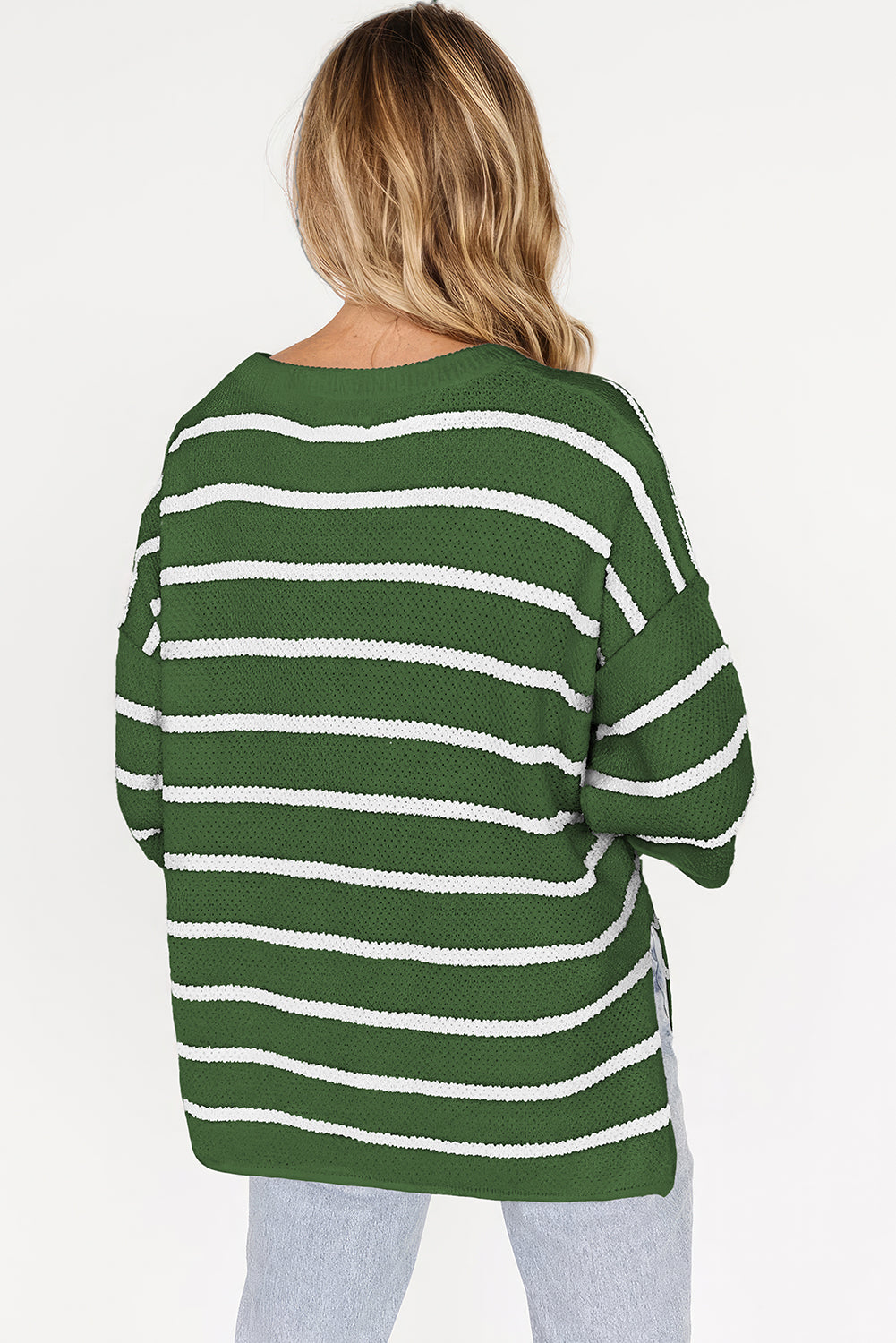 Green Stripe Henley Buttoned Placket Drop Shoulder Bracelet Sleeve Knit Sweater Tee-Sweaters & Cardigans/Short Sleeve Sweaters-[Adult]-[Female]-2022 Online Blue Zone Planet