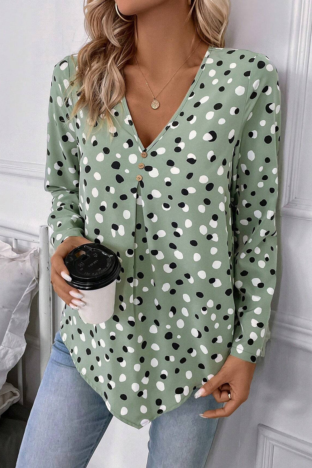 White Polka Dot Print Button Front V Neck Blouse-Tops/Blouses & Shirts-[Adult]-[Female]-2022 Online Blue Zone Planet