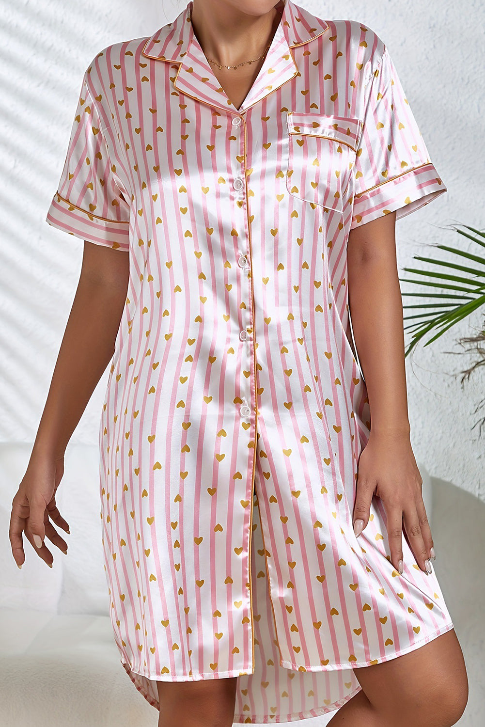 Pink Heart Print Striped Short Sleeve Button Up Pajama Dress-Loungewear Set-[Adult]-[Female]-2022 Online Blue Zone Planet