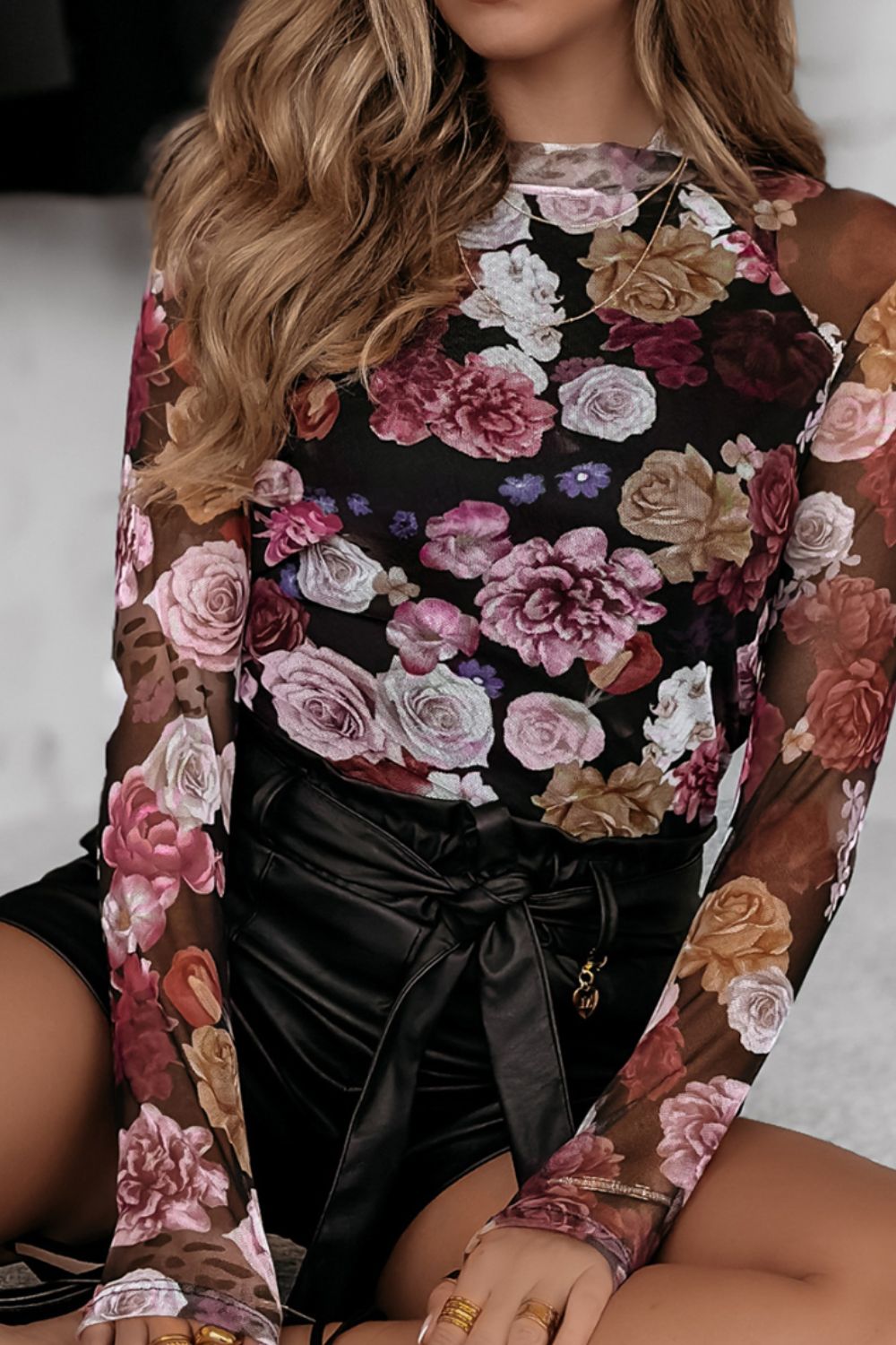 Floral Mock Neck Long Sleeve Mesh Top-TOPS / DRESSES-[Adult]-[Female]-2022 Online Blue Zone Planet
