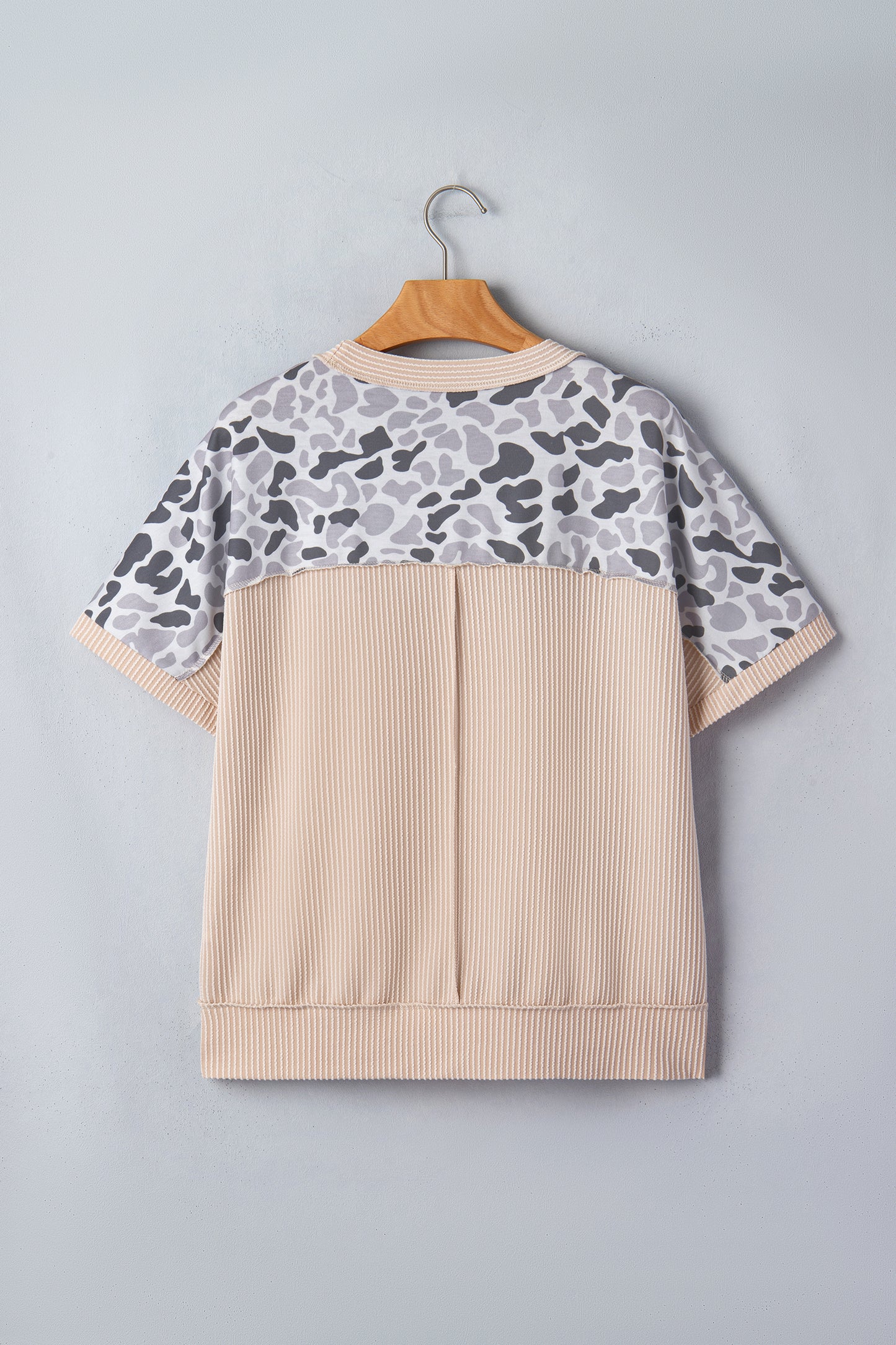Gray Camouflage Print Twisted Ribbed Patchwork Casual T Shirt-Tops/Tops & Tees-[Adult]-[Female]-2022 Online Blue Zone Planet