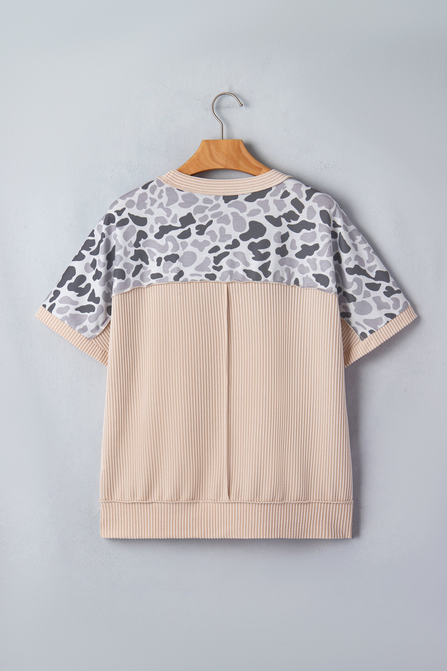 Gray Camouflage Print Twisted Ribbed Patchwork Casual T Shirt-Tops/Tops & Tees-[Adult]-[Female]-2022 Online Blue Zone Planet