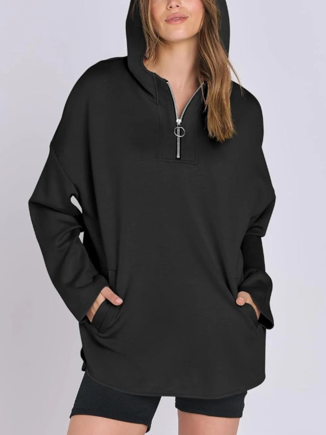 Quarter Zip Long Sleeve Hoodie-TOPS / DRESSES-[Adult]-[Female]-Black-S-2022 Online Blue Zone Planet