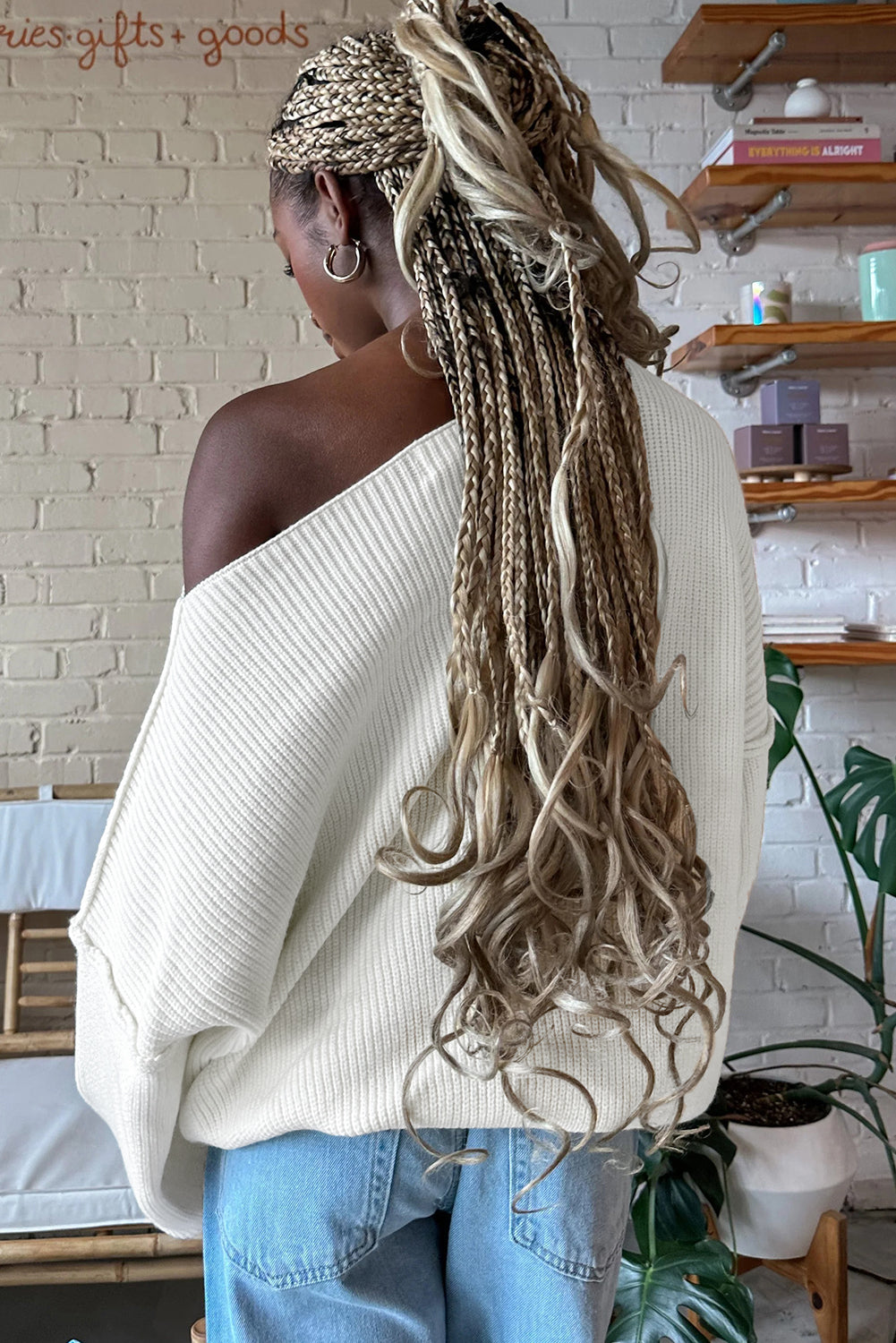 White Asymmetric Neck Drop Shoulder Baggy Slouchy Sweater-TOPS / DRESSES-[Adult]-[Female]-2022 Online Blue Zone Planet