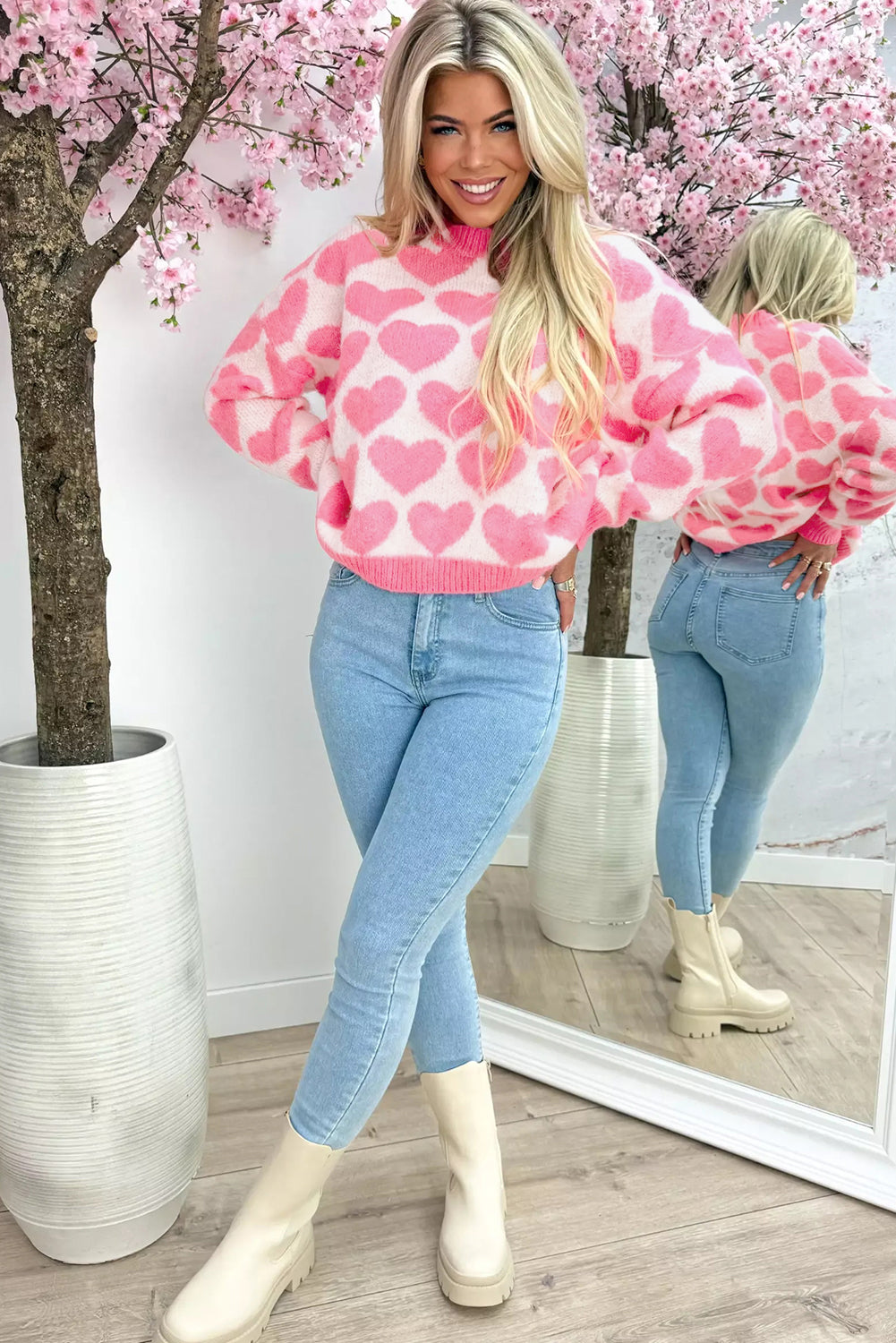Strawberry Pink Valentine Heart Print Knit Sweater-TOPS / DRESSES-[Adult]-[Female]-2022 Online Blue Zone Planet