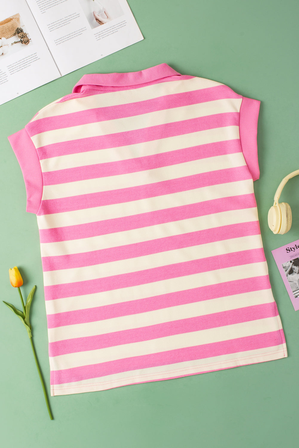 Pink Stripe V Neck Collared Cap Sleeve Top-Tops/Tops & Tees-[Adult]-[Female]-2022 Online Blue Zone Planet