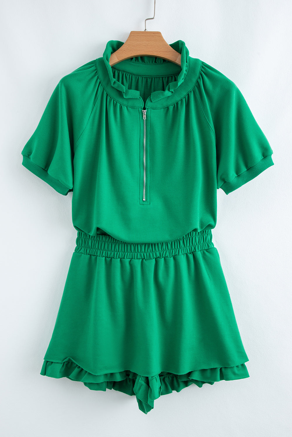 Sea Green Half Zip Puff Sleeve Top and Ruffled Shorts Set-Two Piece Sets/Short Sets-[Adult]-[Female]-2022 Online Blue Zone Planet