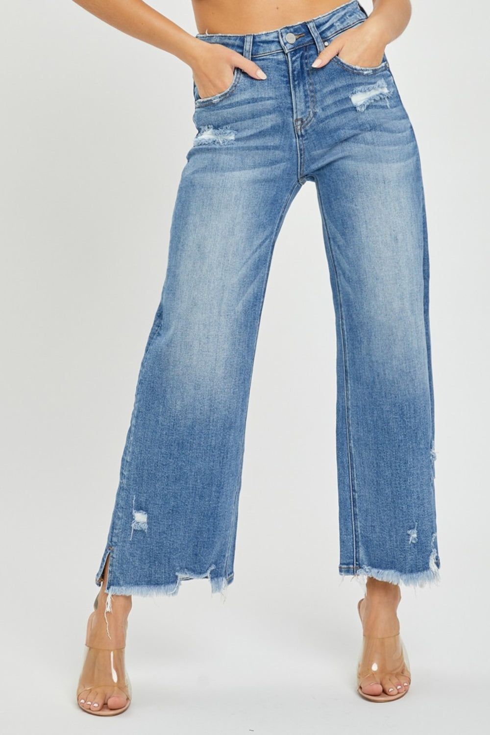 RISEN High Rise Side Slit Raw Hem Cropped Jeans-BOTTOM SIZES SMALL MEDIUM LARGE-[Adult]-[Female]-Medium-0(24)-2022 Online Blue Zone Planet