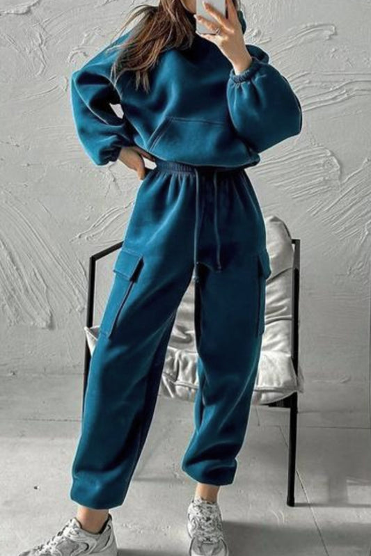 Peacock Blue Cozy Hooded Sweatshirt Drawstring Elastic Waistband Cargo Pant Set-Two Piece Sets/Pant Sets-[Adult]-[Female]-Peacock Blue-S-2022 Online Blue Zone Planet