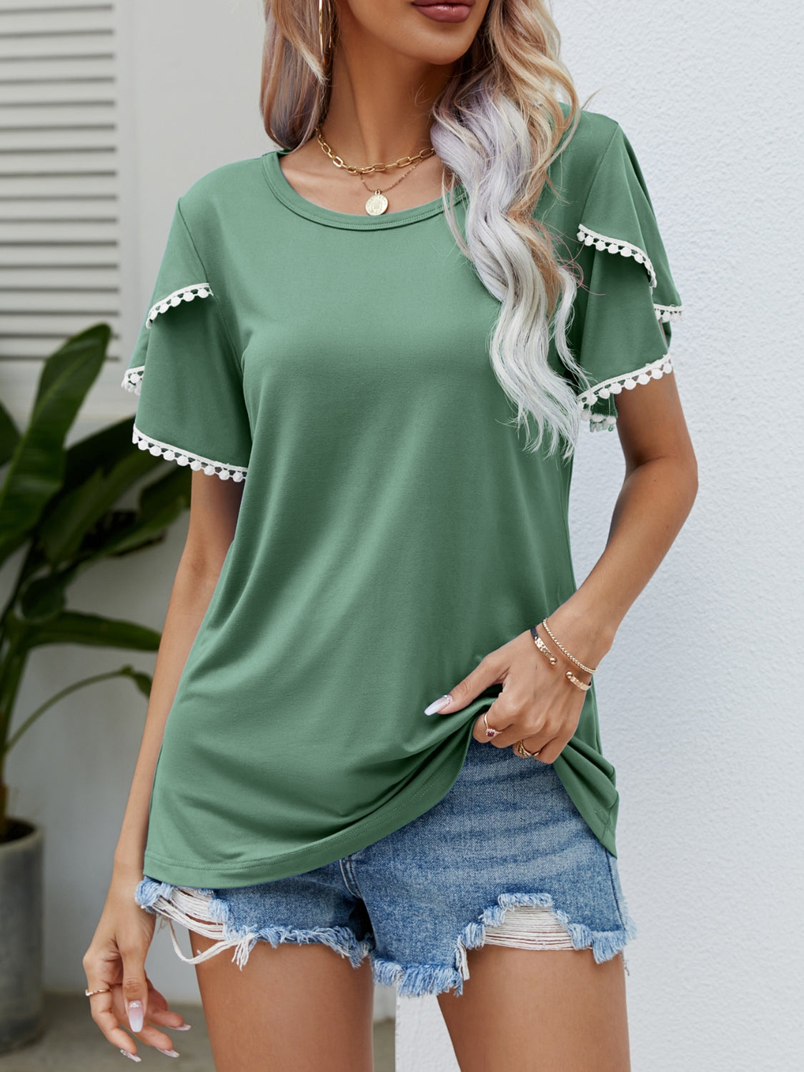 Pom-Pom Trim Flutter Sleeve Round Neck T-Shirt-TOPS / DRESSES-[Adult]-[Female]-Gum Leaf-S-2022 Online Blue Zone Planet