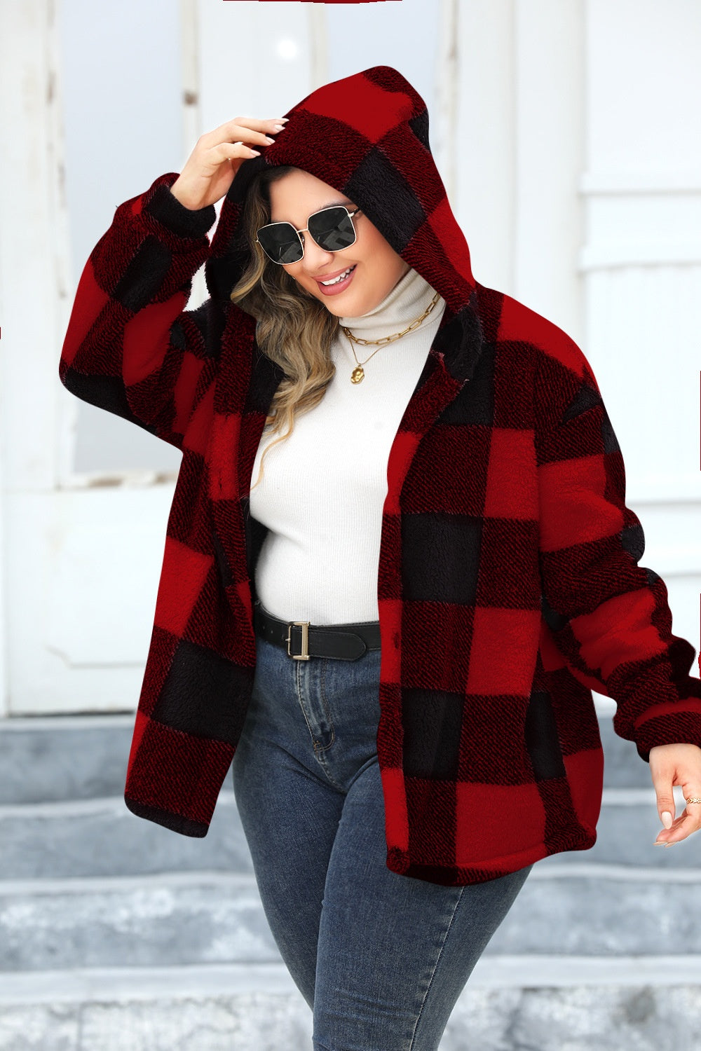 Plus Size Plaid Button Up Hooded Jacket-TOPS / DRESSES-[Adult]-[Female]-2022 Online Blue Zone Planet