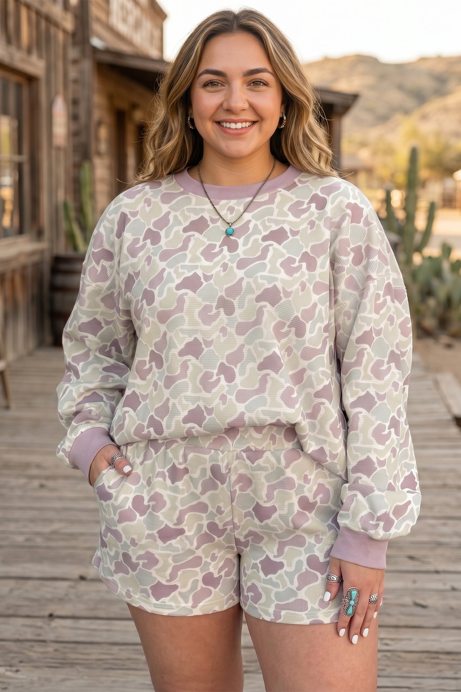 Green Camouflage Print Waffle Textured Pullover and Shorts Plus Size 2pcs Set-Plus Size/Plus Size Loungewear-[Adult]-[Female]-2022 Online Blue Zone Planet