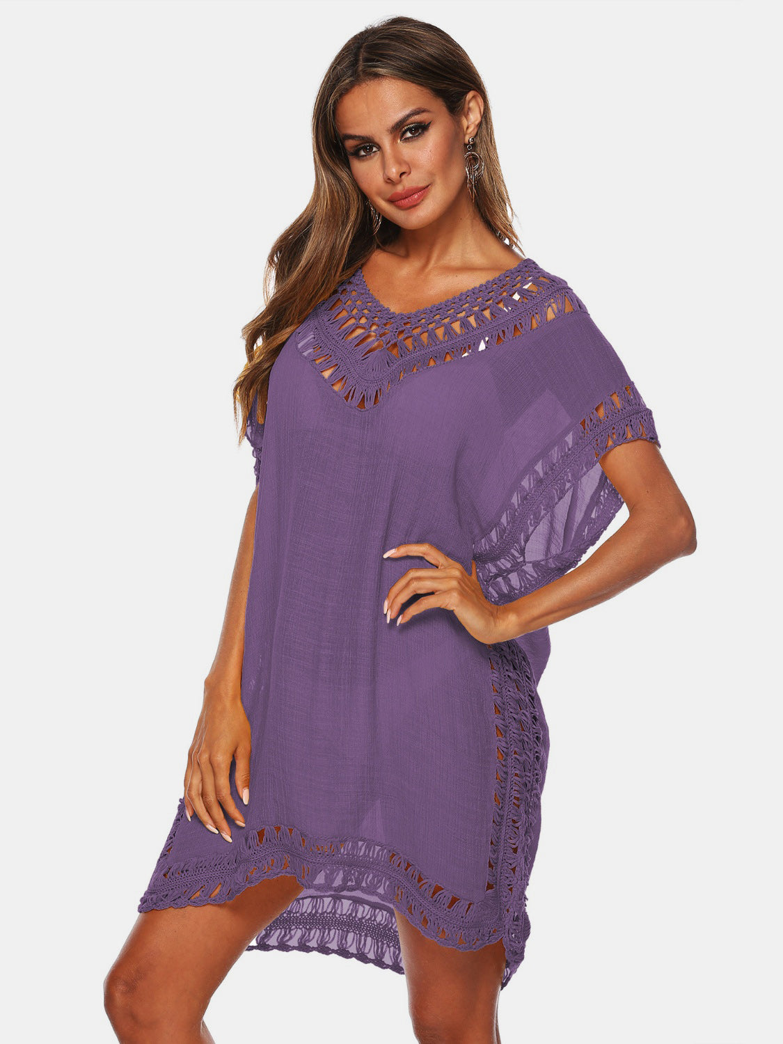 Cutout V-Neck Short Sleeve Cover-Up-TOPS / DRESSES-[Adult]-[Female]-Mauve-One Size-2022 Online Blue Zone Planet