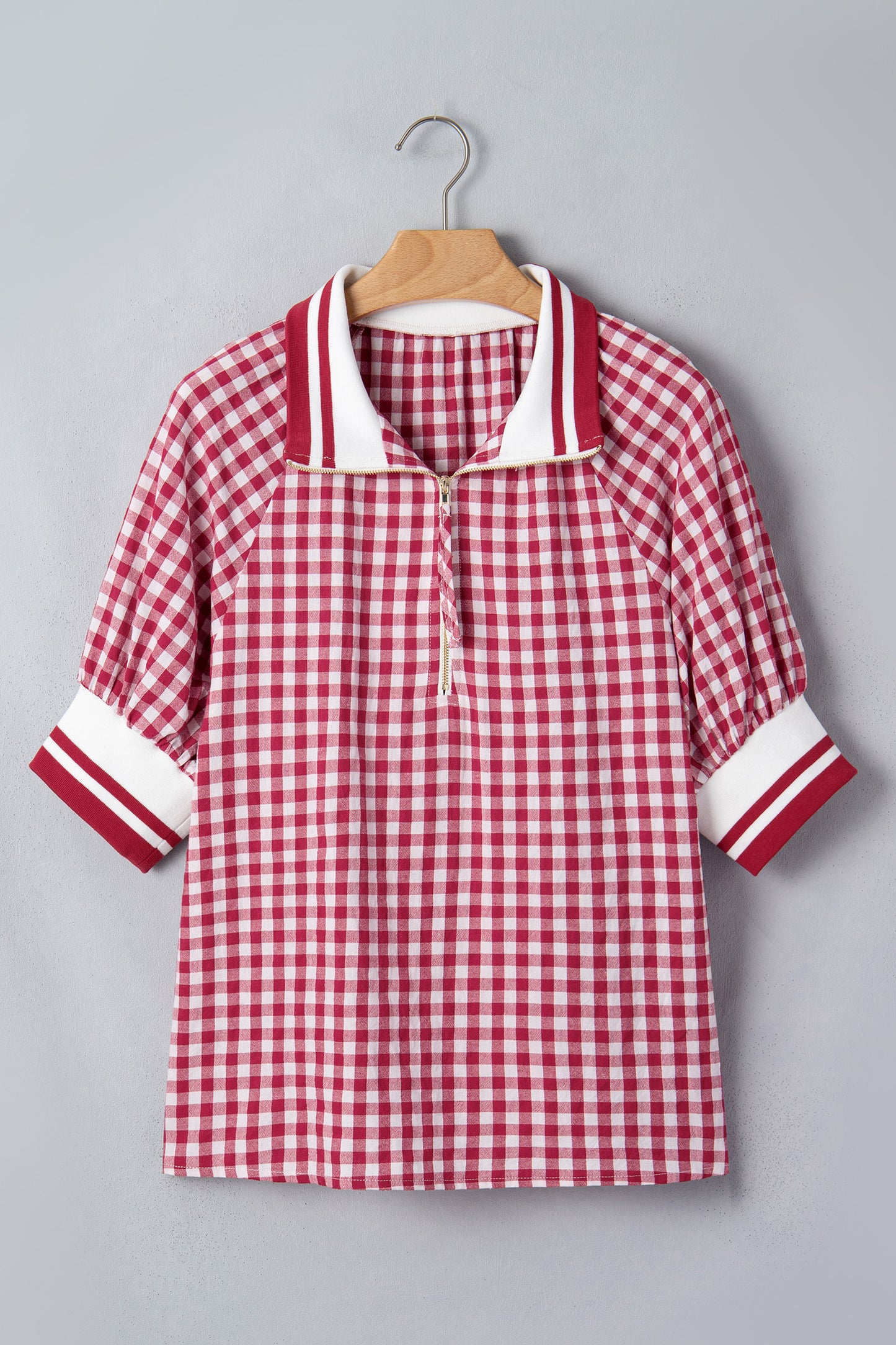 Red Gingham Striped Patchwork Half Zip Blouse-Tops/Blouses & Shirts-[Adult]-[Female]-2022 Online Blue Zone Planet