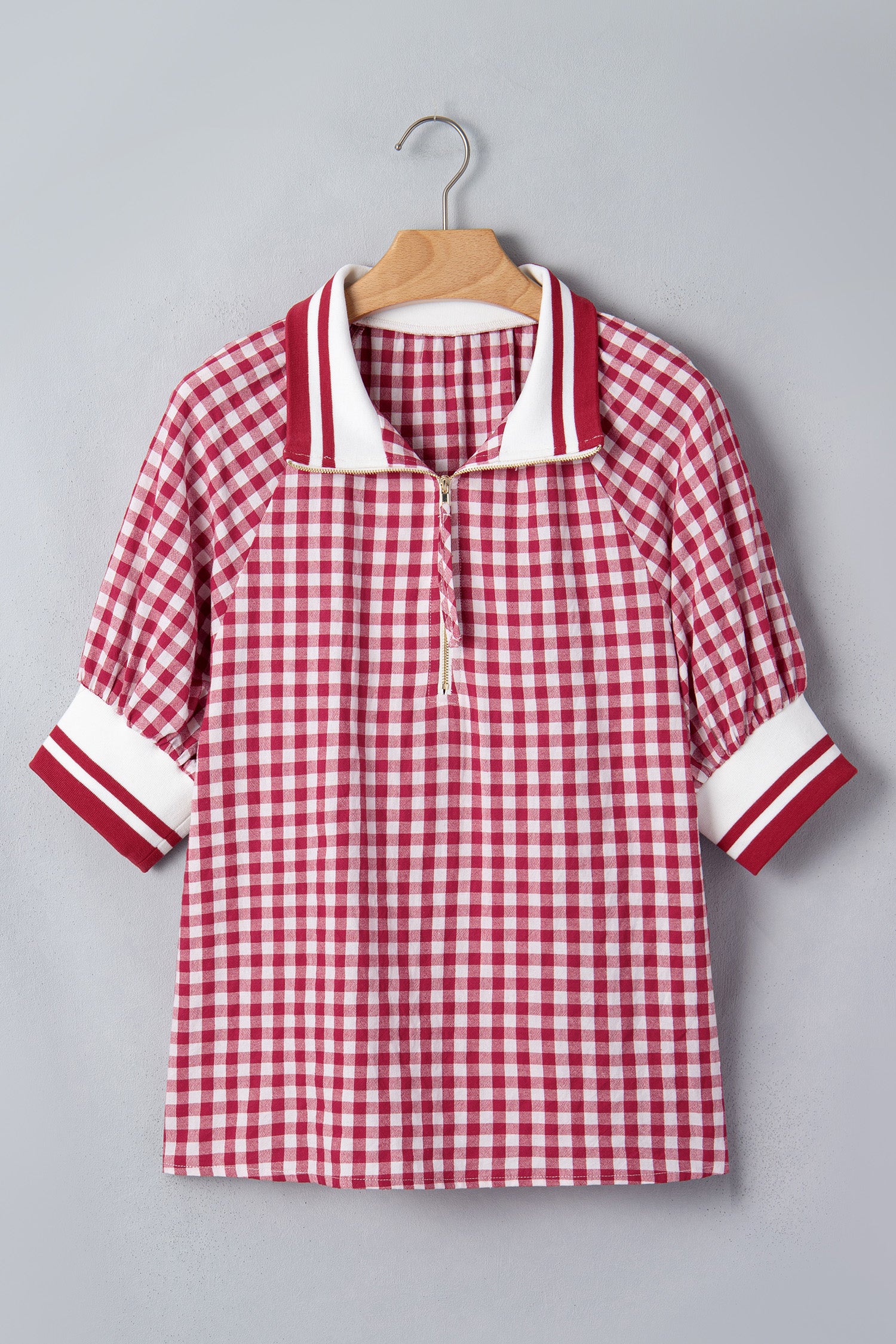 Red Gingham Striped Patchwork Half Zip Blouse-Tops/Blouses & Shirts-[Adult]-[Female]-2022 Online Blue Zone Planet