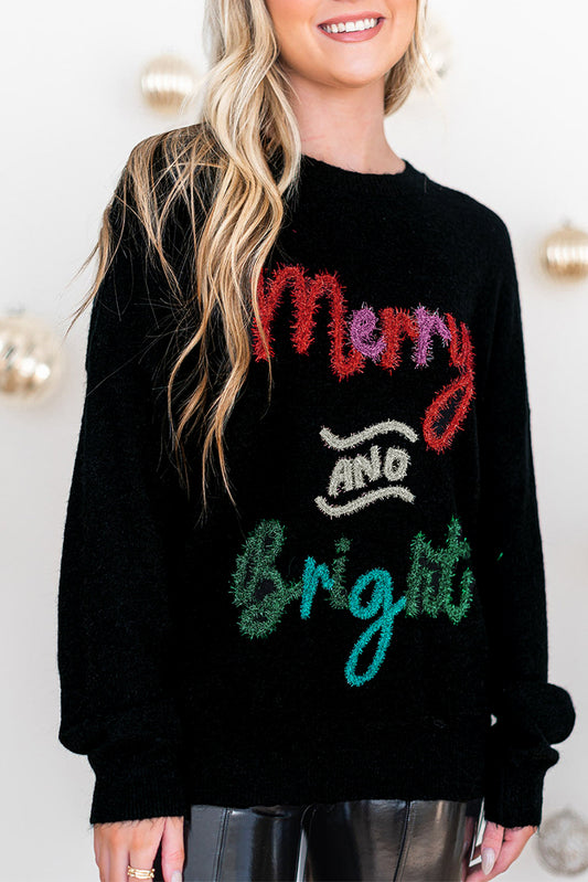 Blue Zone Planet | Black Tinsel Merry and Bright Graphic Christmas Sweater-Sweaters & Cardigans/Sweaters-[Adult]-[Female]-Black-S-2022 Online Blue Zone Planet