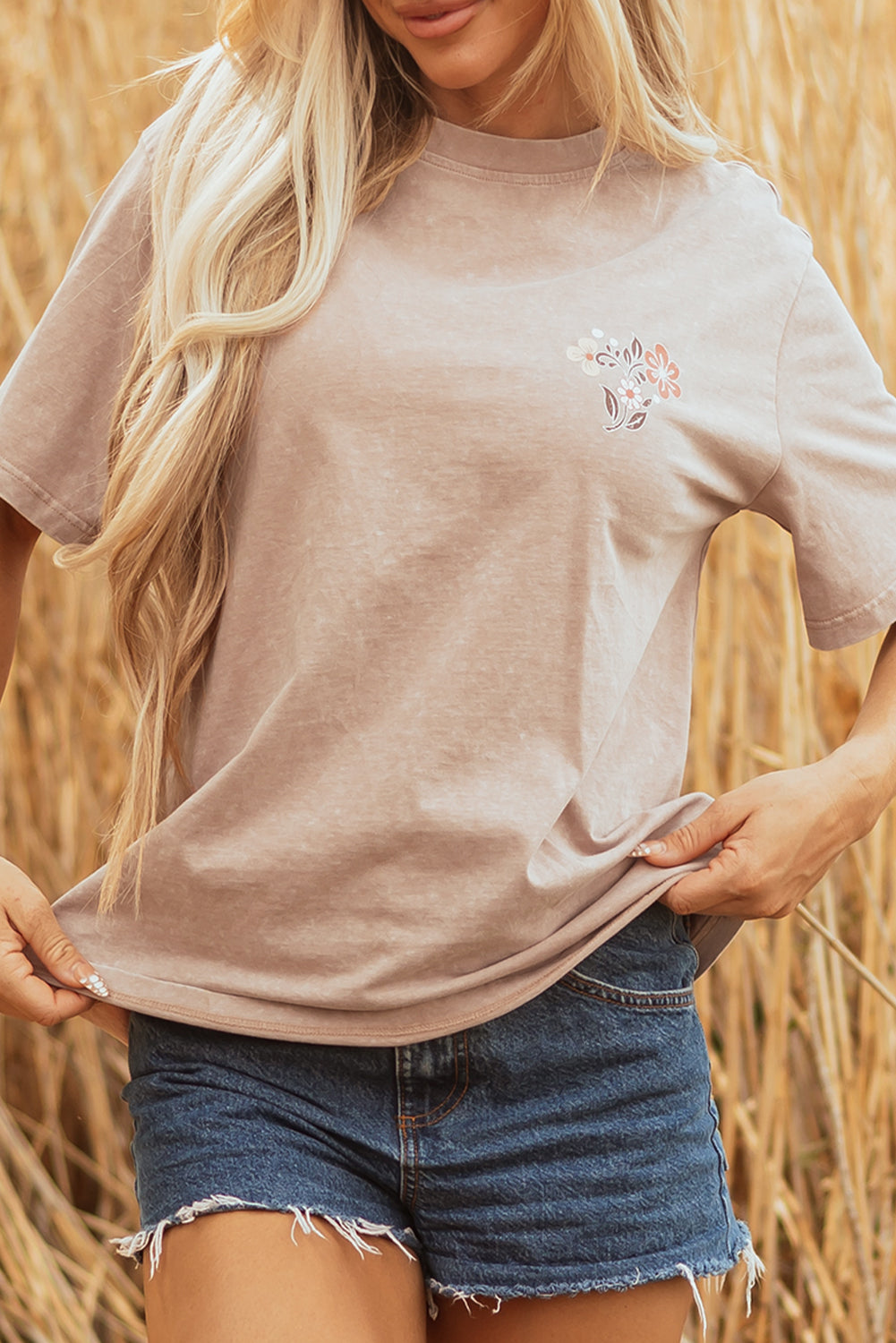 Smoke Gray Mineral Wash Floral Steer Head Printed Back Western Fashion Tee-Tops/Tops & Tees-[Adult]-[Female]-2022 Online Blue Zone Planet