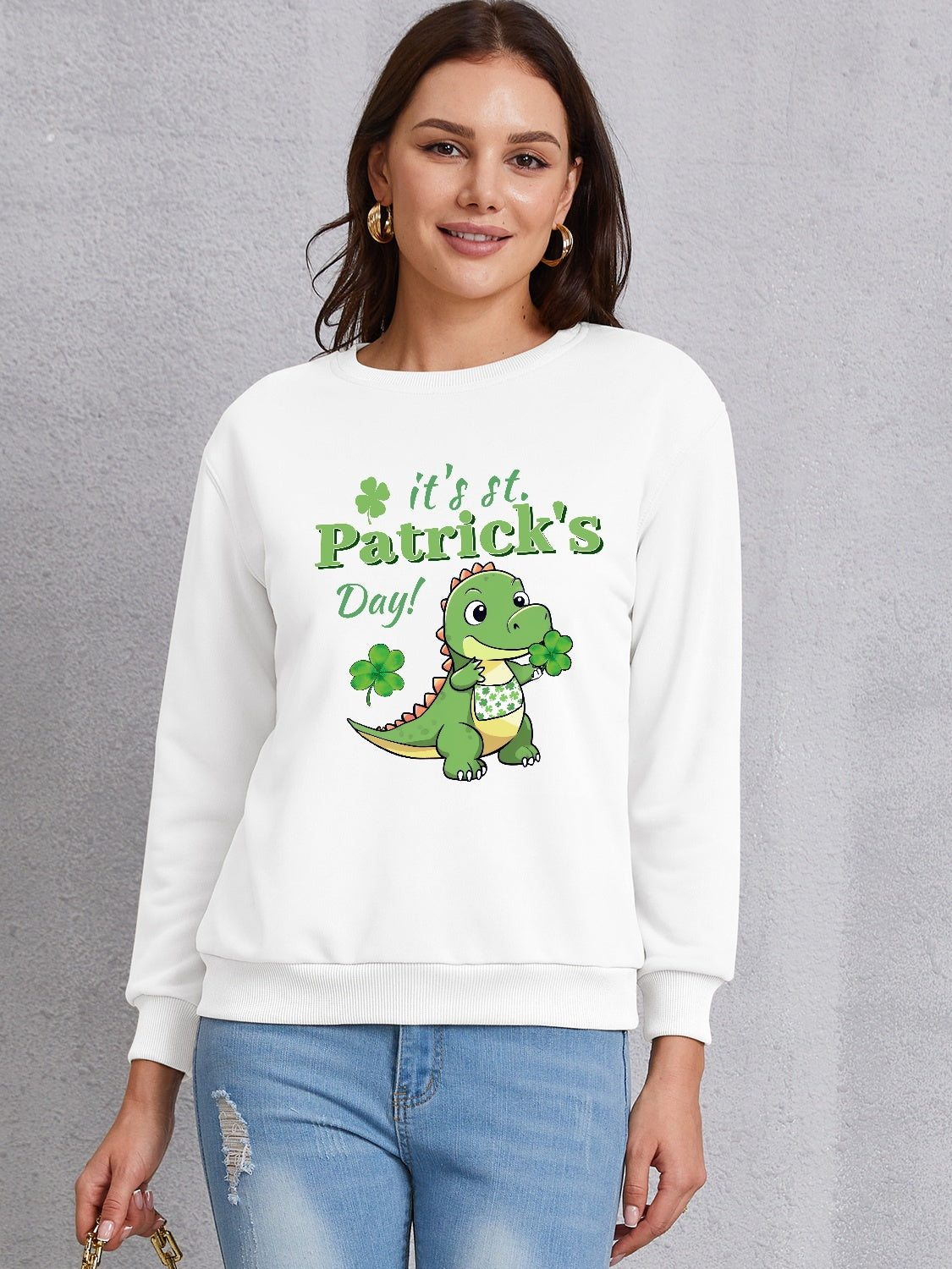 IT'S ST. PATRICK'S DAY Graphic Round Neck Sweatshirt-TOPS / DRESSES-[Adult]-[Female]-White-S-2022 Online Blue Zone Planet