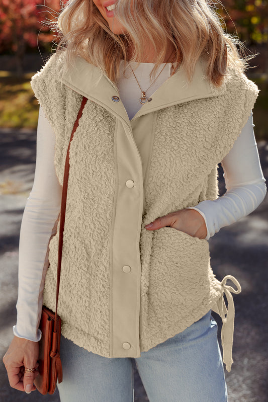 Beige Faux Fur Snap Button Front Knot Side Plush Vest with Pockets-Outerwear/Vests-[Adult]-[Female]-Beige-S-2022 Online Blue Zone Planet