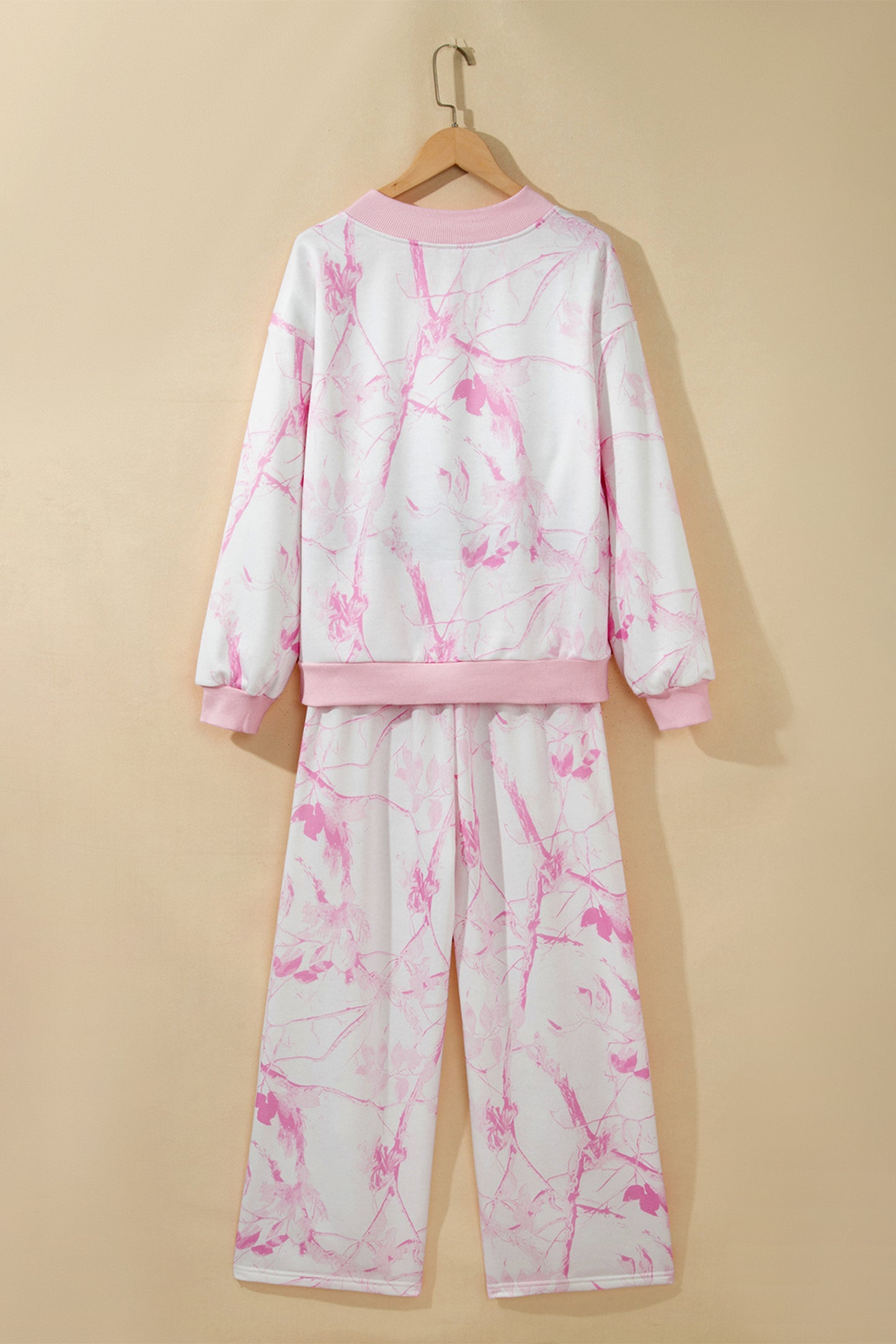 Pink Abstract Plant Print Long Sleeve V Neck Pant Set-Two Piece Sets/Pant Sets-[Adult]-[Female]-2022 Online Blue Zone Planet